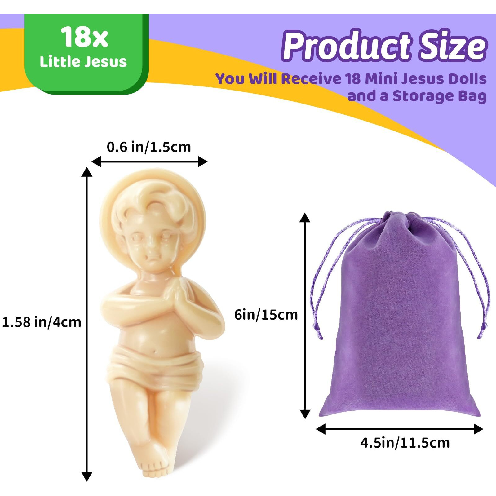Zyflsq 18 Pcs King Cake Baby Jesus Figure  1.5'' Plastic Doll With Gift Bag  Mini Figurines For Mardi Gras Party Cake Toppers Decorations Epiphany Gifts