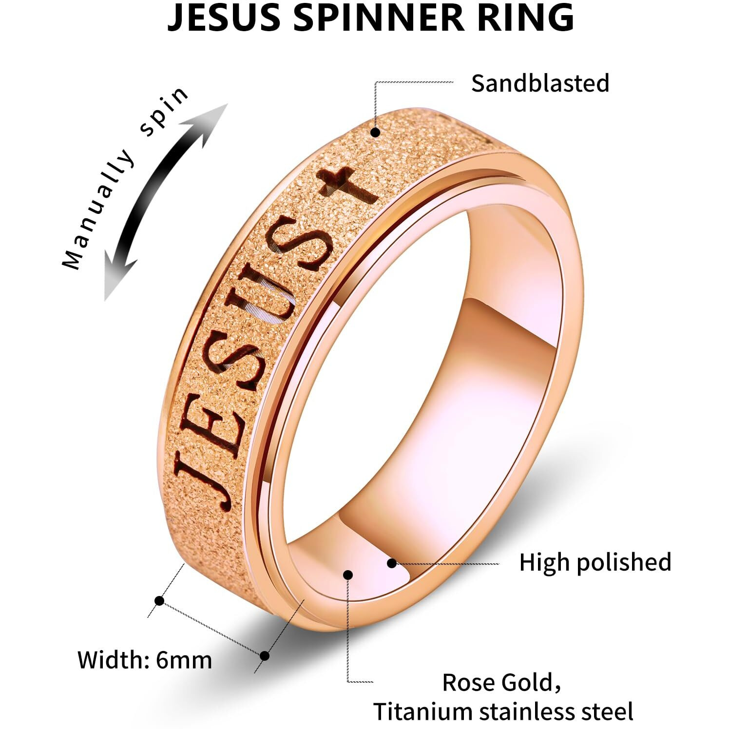 Fidget Spinner Anxiety Ring For Women Fidget Toys Adults Cute Jesus Thumb Ring Stainless Steel Rose Gold Size 5