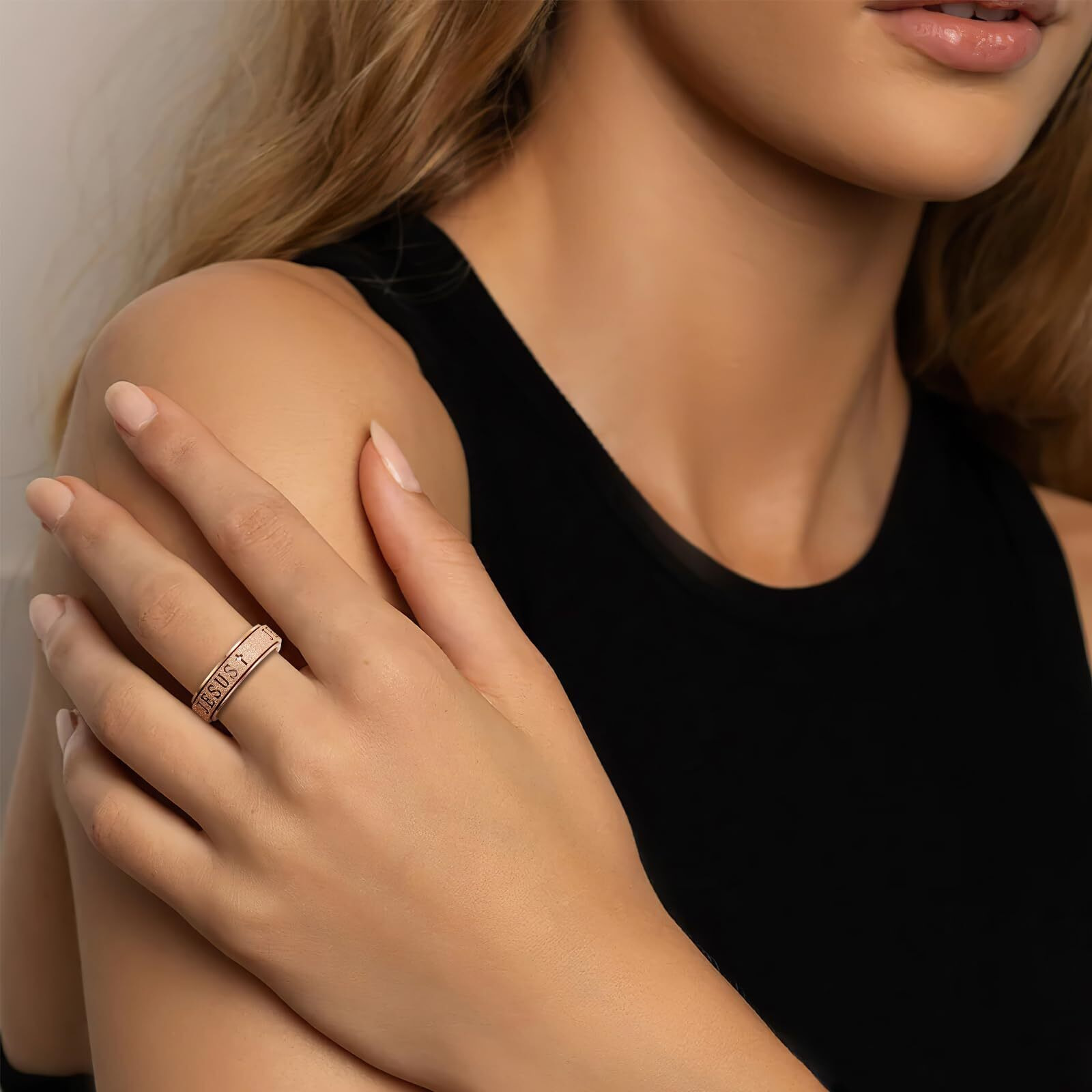 Fidget Spinner Anxiety Ring For Women Fidget Toys Adults Cute Jesus Thumb Ring Stainless Steel Rose Gold Size 5
