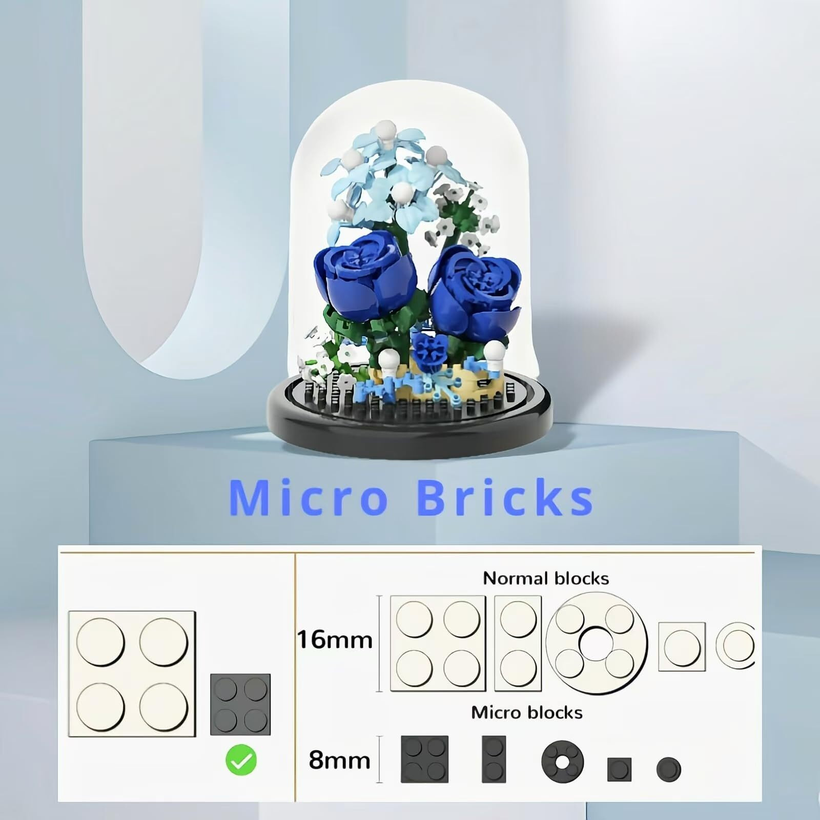 Wulobooi Blue Rose Flowers Micro Bricks Building Set With Dust Cover Artificial Flowers Botanical Collection For Home Decor  Creative Gifts For Adults Women Boys Girls 270 Pieces