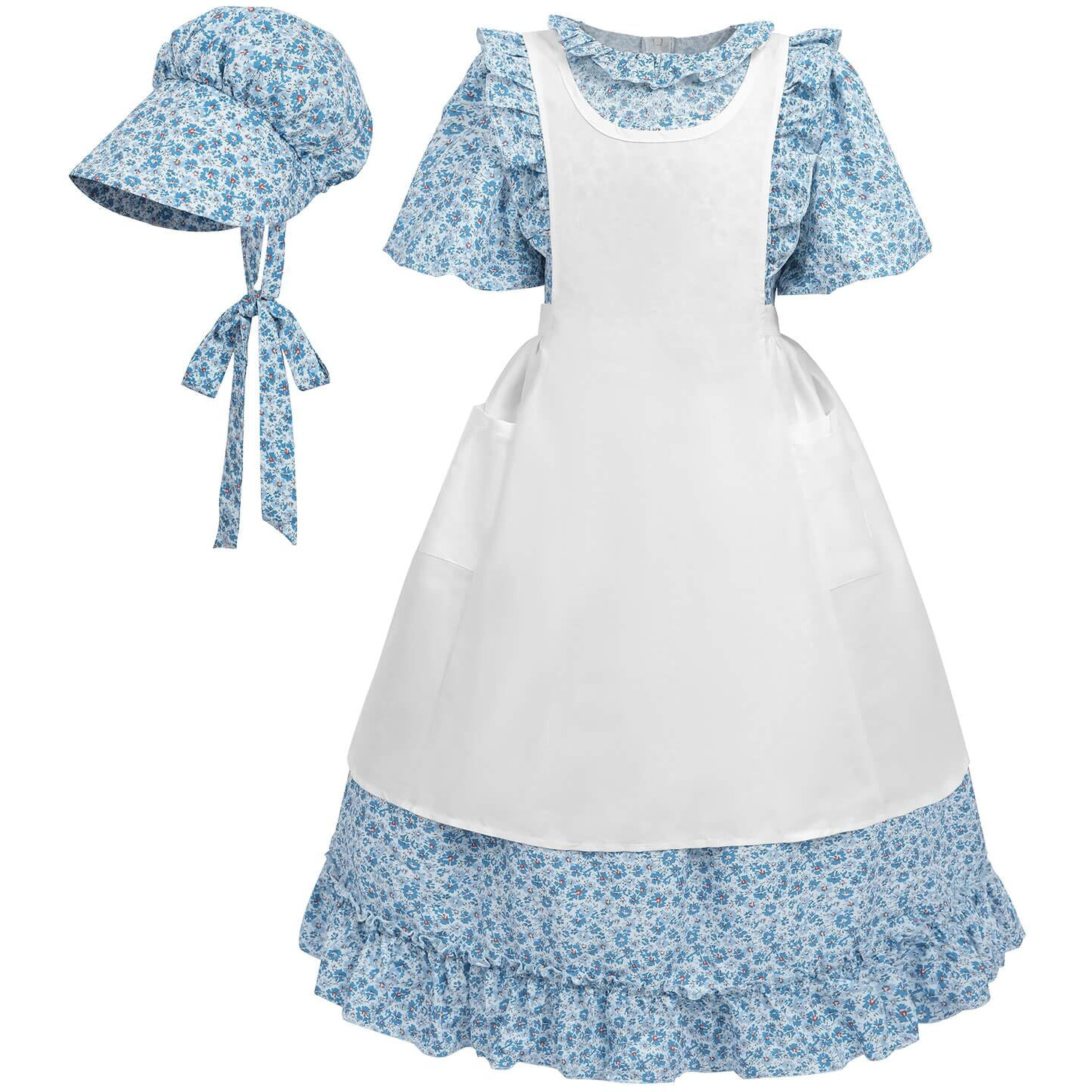 Nuoqi Prairie Dress Girls Pioneer Colonial Costume Laura Ingalls Wilder Costume With Apron Blue  8-9