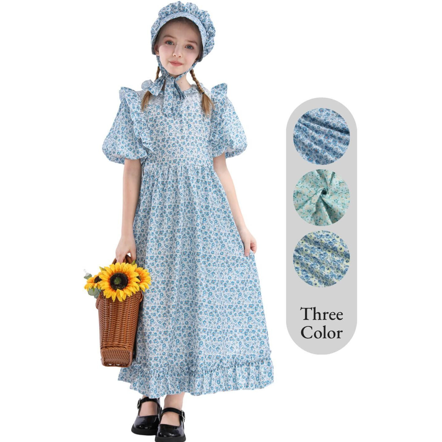 Nuoqi Prairie Dress Girls Pioneer Colonial Costume Laura Ingalls Wilder Costume With Apron Blue  8-9