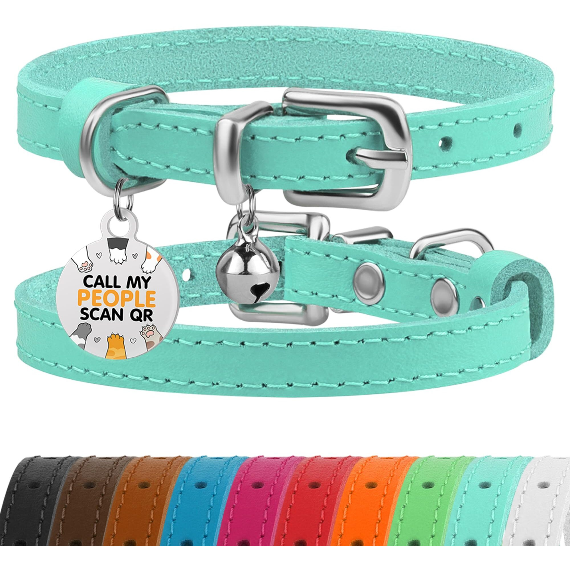 Bronzedog Leather Cat Collar With Removable Bells Non Breakaway Kitten Qr Tag For Girl Boy (7 "" - 9 "" For Cats  Turquoise & Silver)