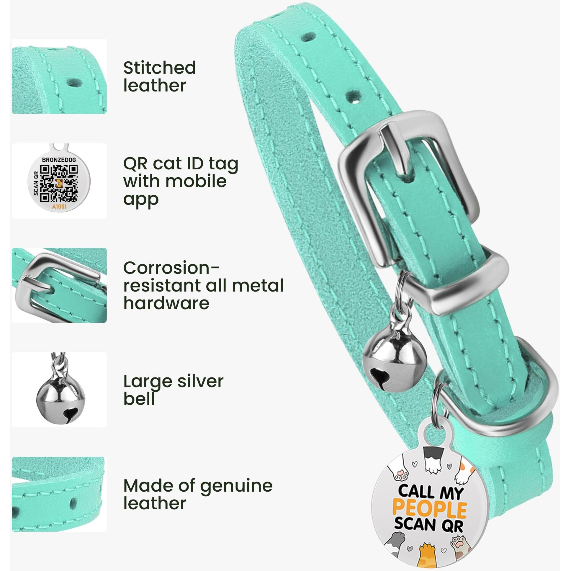 Bronzedog Leather Cat Collar With Removable Bells Non Breakaway Kitten Qr Tag For Girl Boy (7 "" - 9 "" For Cats  Turquoise & Silver)