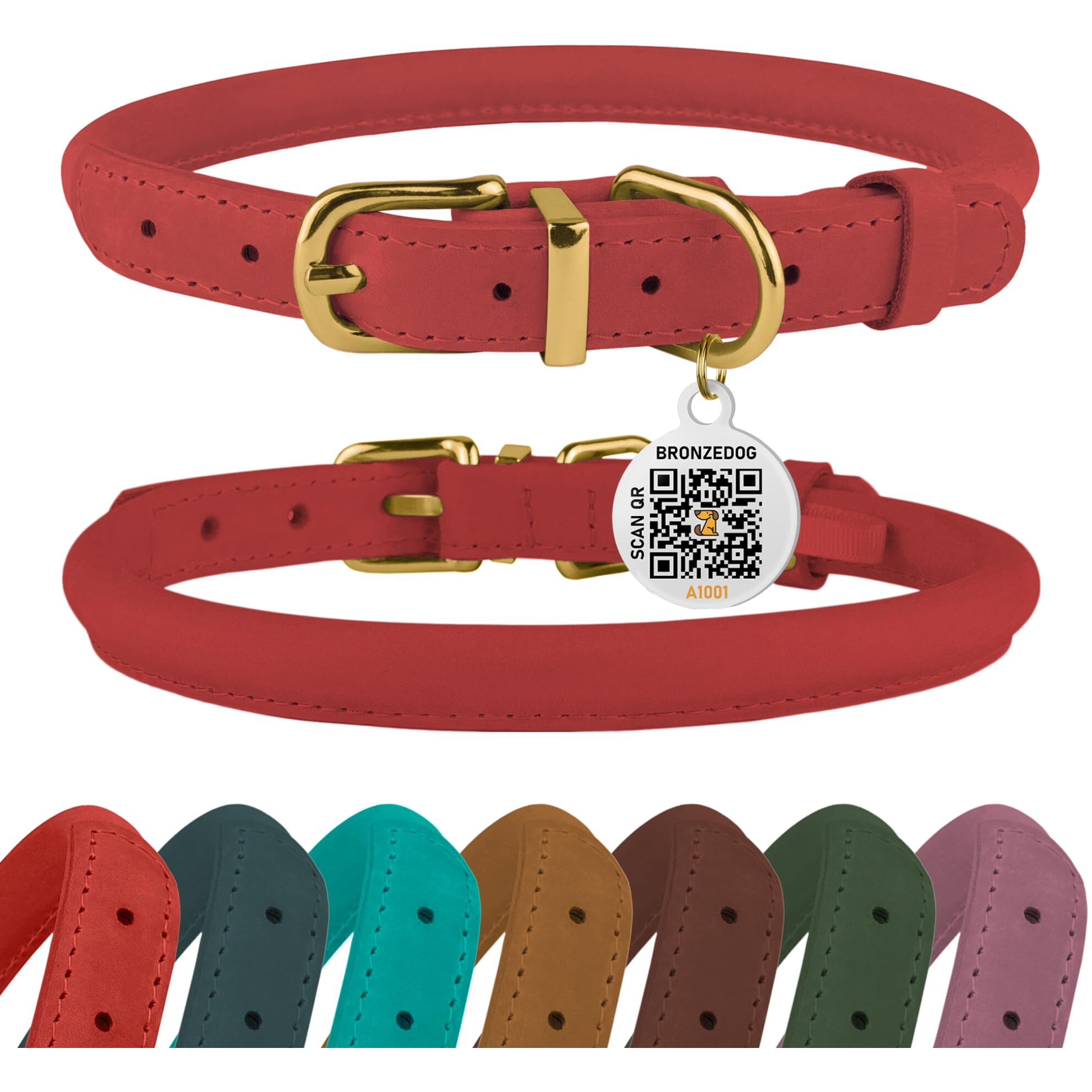 Bronzedog Rolled Leather Dog Collar With Qr Id Tag  Adjustable Soft Round Collars For Small Medium Large Dogs Puppy (14 "" - 16 "" Neck Size  Coral Pink)