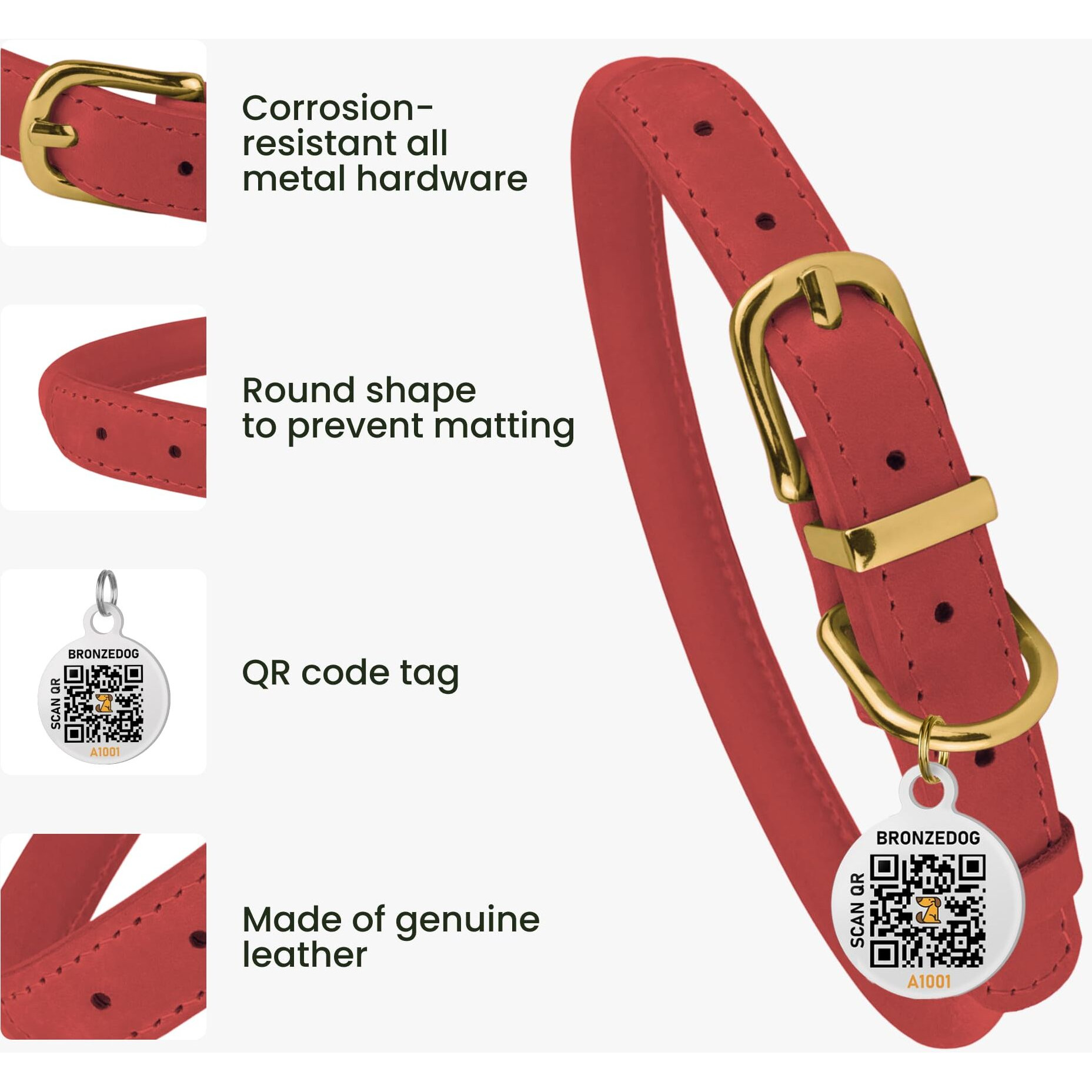 Bronzedog Rolled Leather Dog Collar With Qr Id Tag  Adjustable Soft Round Collars For Small Medium Large Dogs Puppy (14 "" - 16 "" Neck Size  Coral Pink)