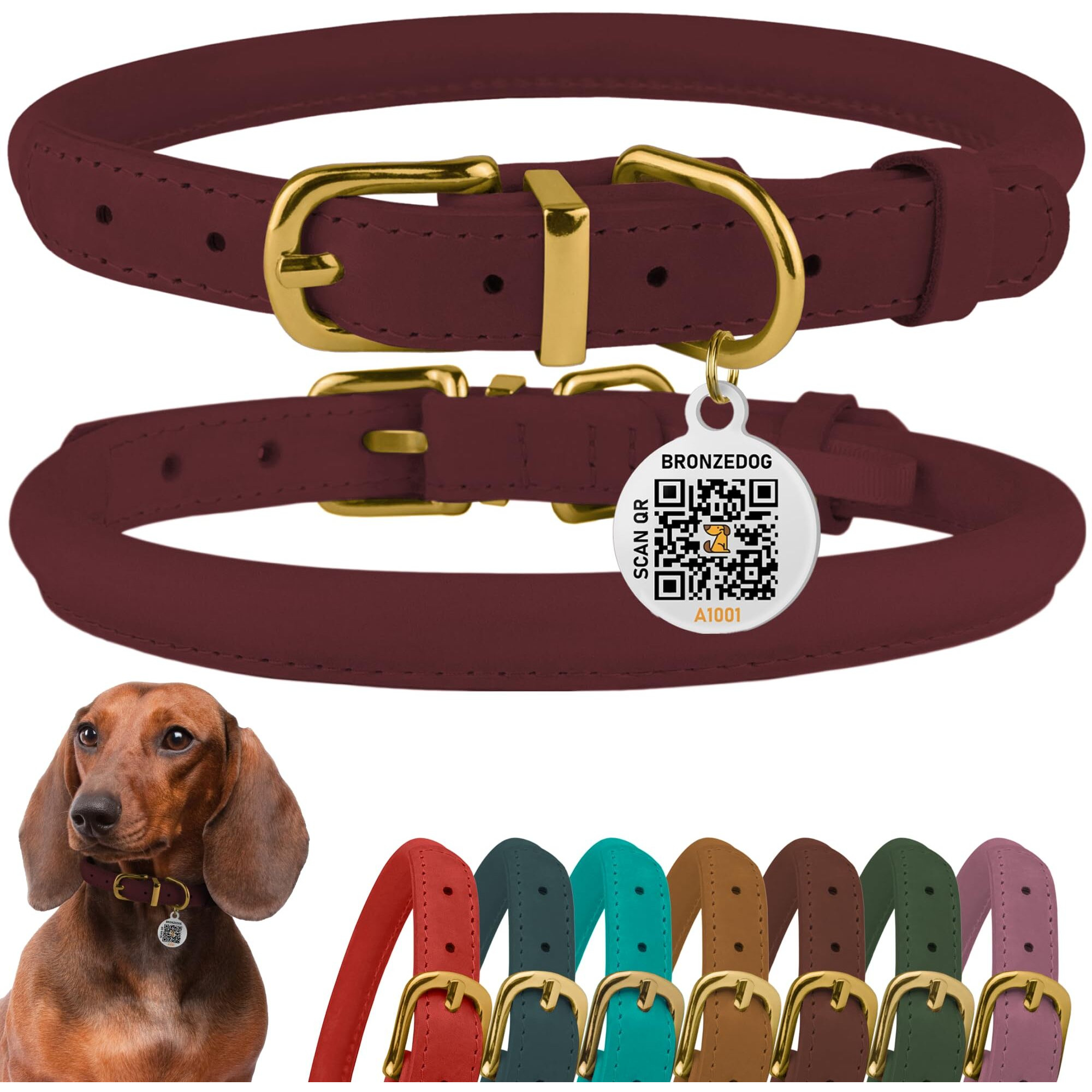 Bronzedog Rolled Leather Dog Collar With Qr Id Tag  Adjustable Soft Round Collars For Small Medium Large Dogs Puppy (9"" - 11"" Neck Size  Burgundy)