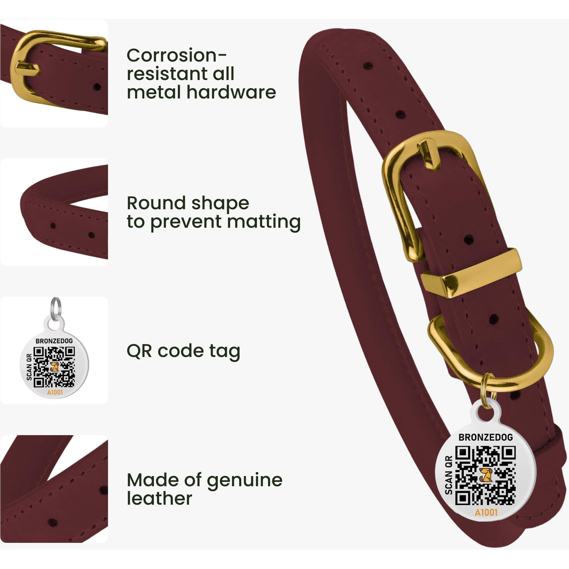 Bronzedog Rolled Leather Dog Collar With Qr Id Tag  Adjustable Soft Round Collars For Small Medium Large Dogs Puppy (9"" - 11"" Neck Size  Burgundy)