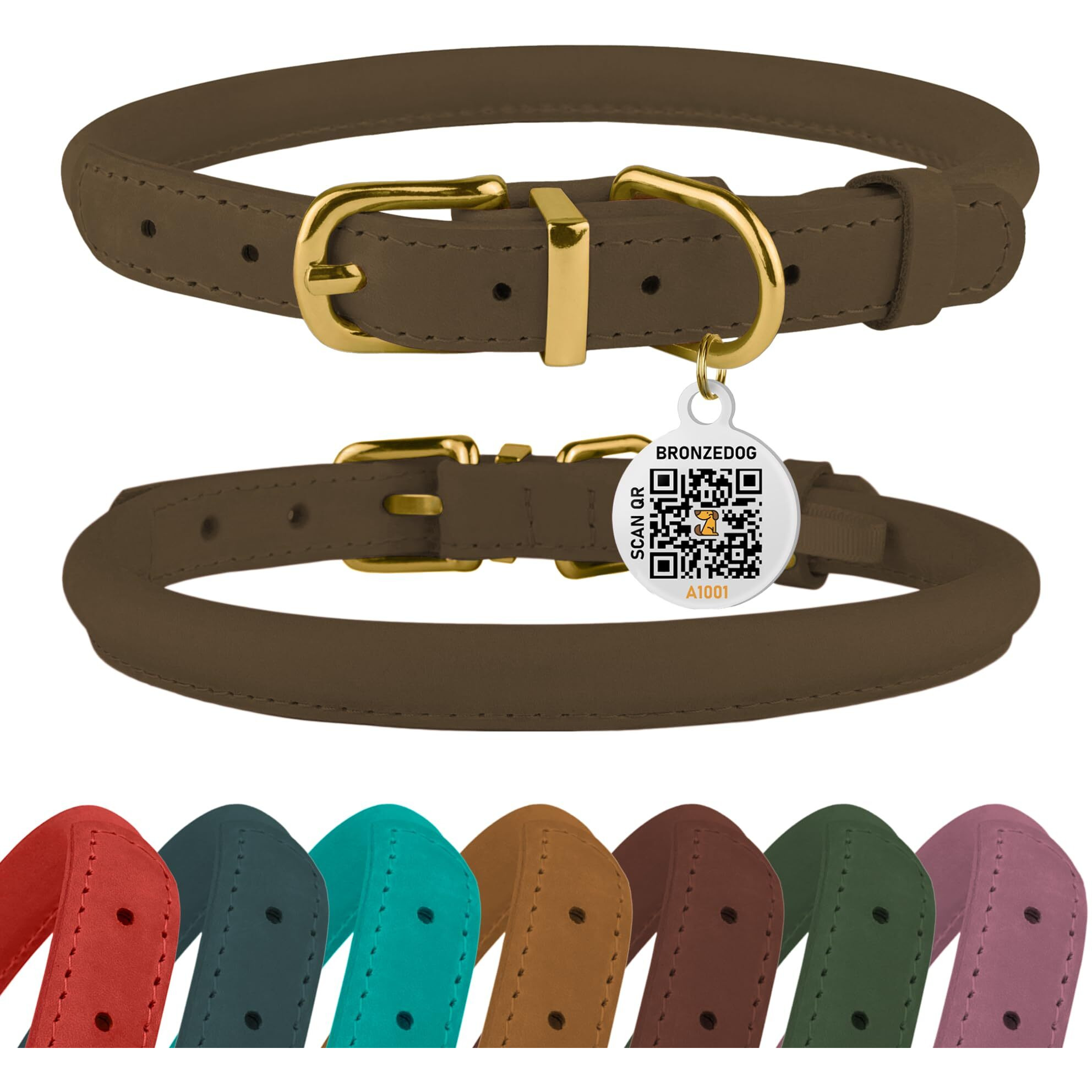 Bronzedog Rolled Leather Dog Collar With Qr Id Tag  Adjustable Soft Round Collars For Small Medium Large Dogs Puppy (14 "" - 16 "" Neck Size  Nut Brown)