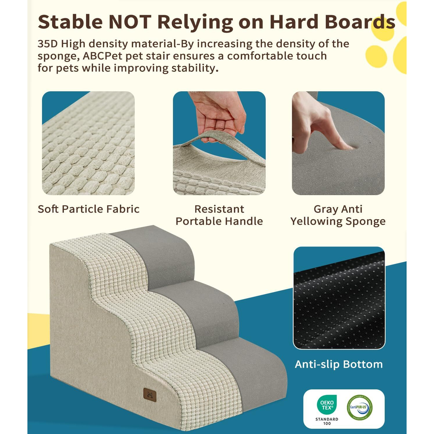 Abcpet Dog Step For Bed  Dog Stair 3-Step 35D Pet Stair 15.7"" H For High Bed Or Sofa Non-Slip Balanced Pet Step Indoor  Beige