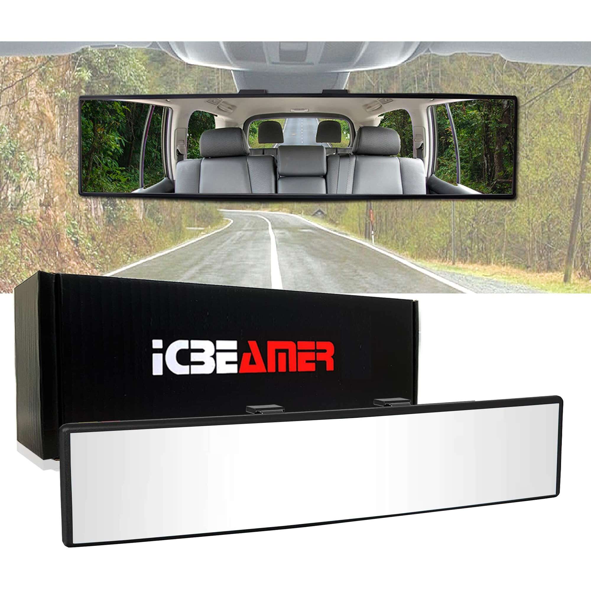 Icbeamer 10.6"" Car Rear View Mirror  Hd Clear Tint  Panoramic Wide Angle Convex Surface  2 Interior Retractable Rubber Clips  Anti Glare  Automotive Accessories Universal For Truck  Car  Suv  1 Pack