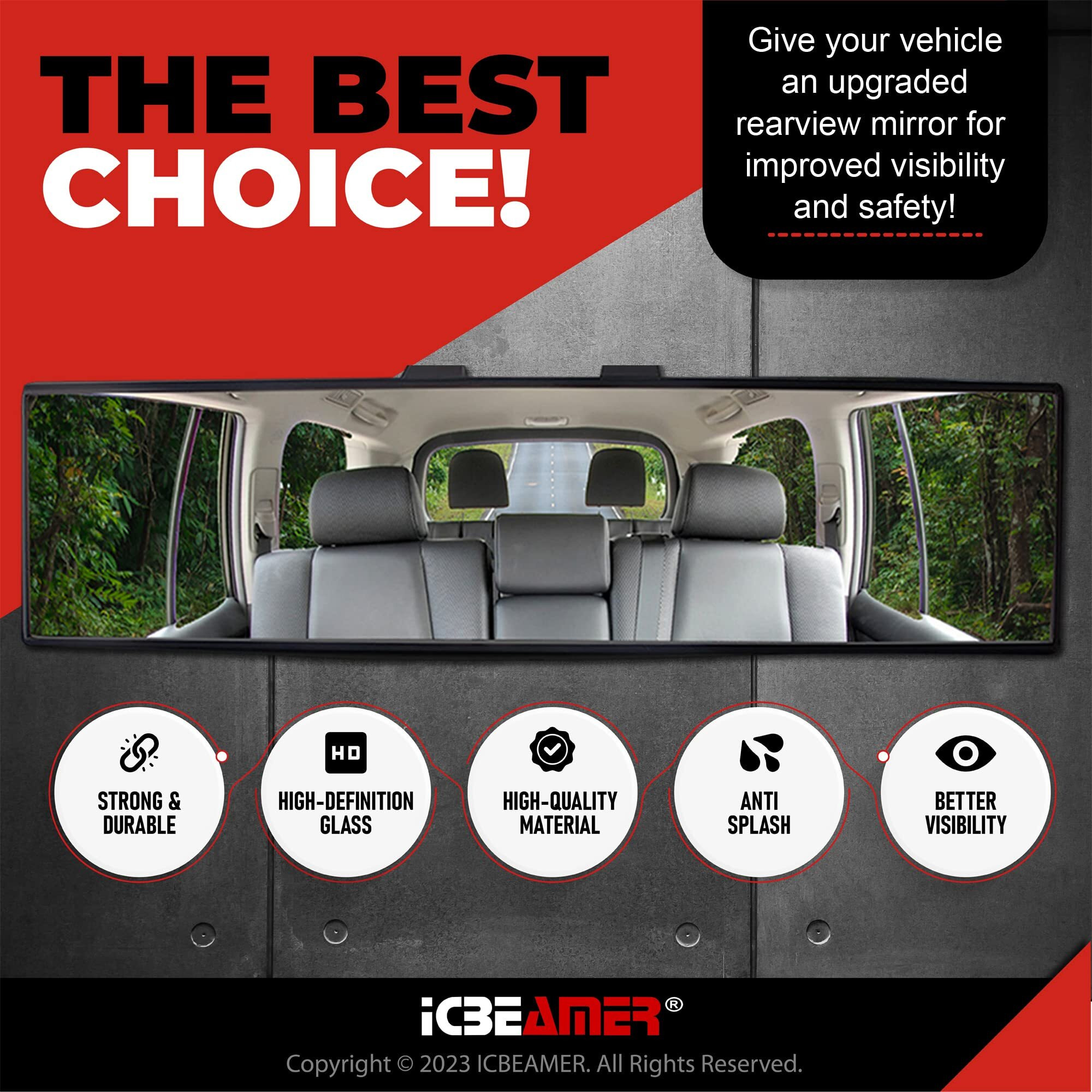 Icbeamer 10.6"" Car Rear View Mirror  Hd Clear Tint  Panoramic Wide Angle Convex Surface  2 Interior Retractable Rubber Clips  Anti Glare  Automotive Accessories Universal For Truck  Car  Suv  1 Pack