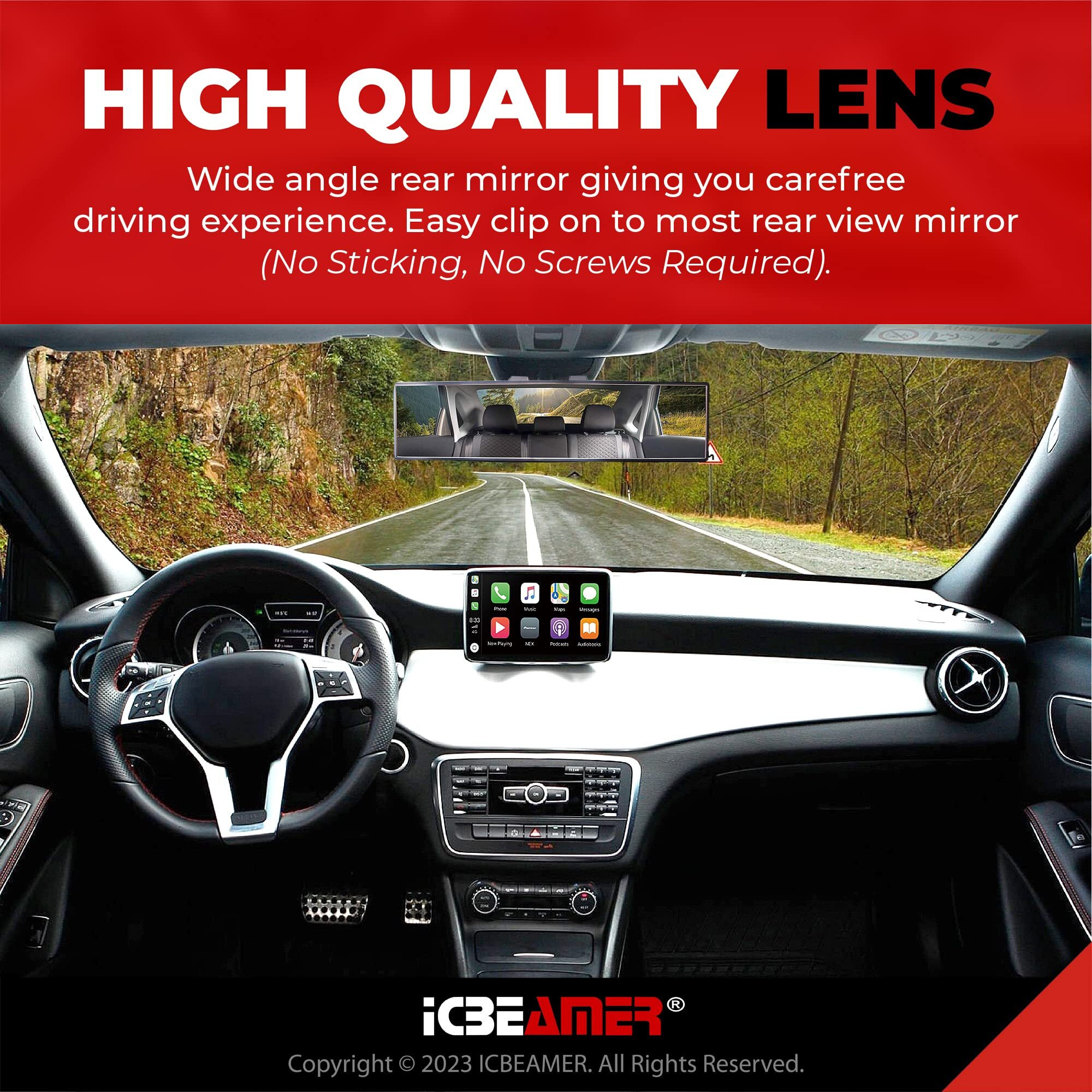 Icbeamer 10.6"" Car Rear View Mirror  Hd Clear Tint  Panoramic Wide Angle Convex Surface  2 Interior Retractable Rubber Clips  Anti Glare  Automotive Accessories Universal For Truck  Car  Suv  1 Pack