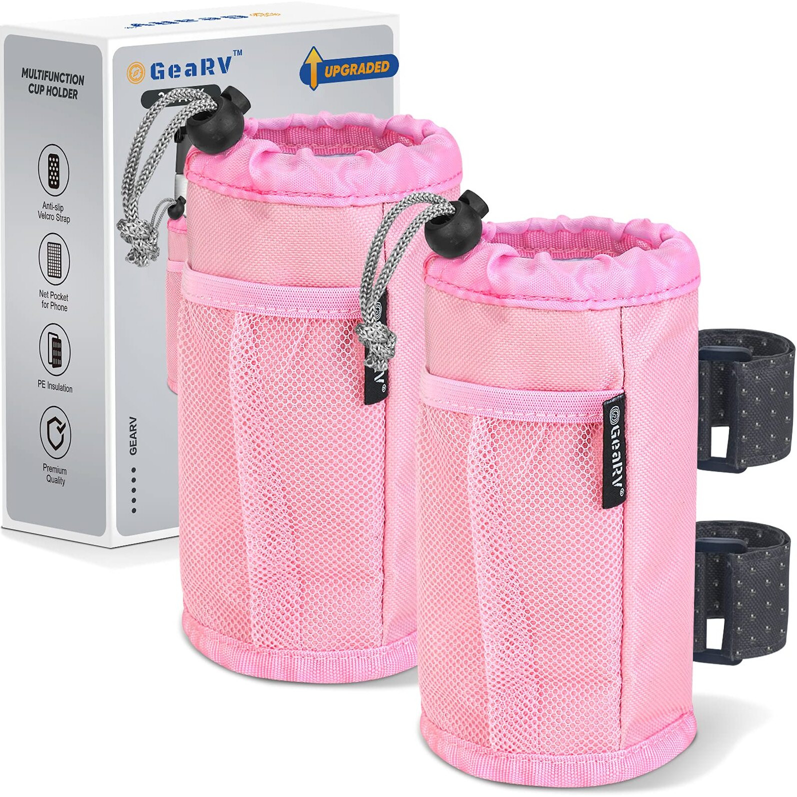 Gearv 2Pack Cup Holder For Bike  Scooter And Wheelchair  Water Bottle Holder For Utv/Atv  Walker  Golf Cart And Beach  Universal Drink Holder Accessories With Net Pocket And Cord Lock (Pink)