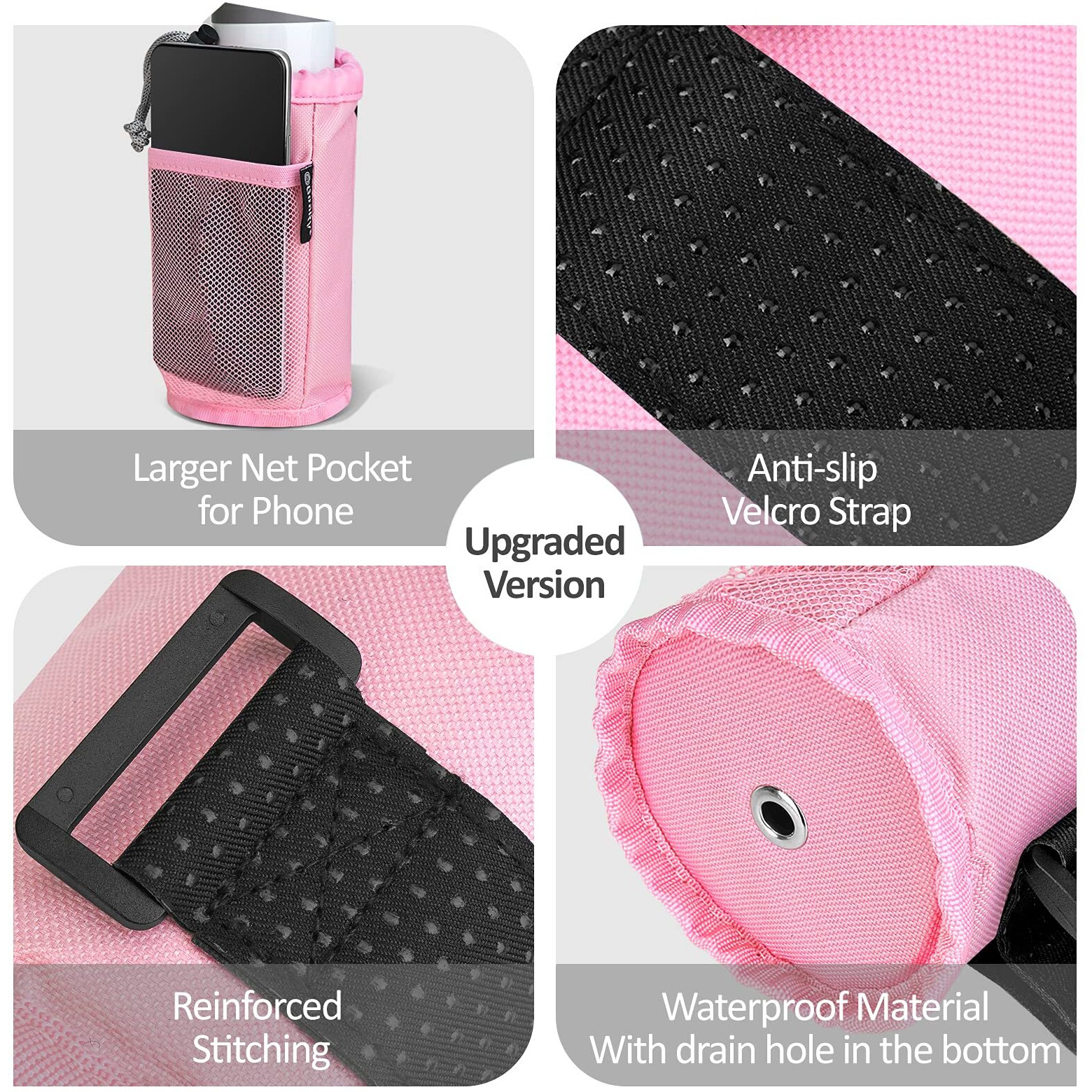 Gearv 2Pack Cup Holder For Bike  Scooter And Wheelchair  Water Bottle Holder For Utv/Atv  Walker  Golf Cart And Beach  Universal Drink Holder Accessories With Net Pocket And Cord Lock (Pink)