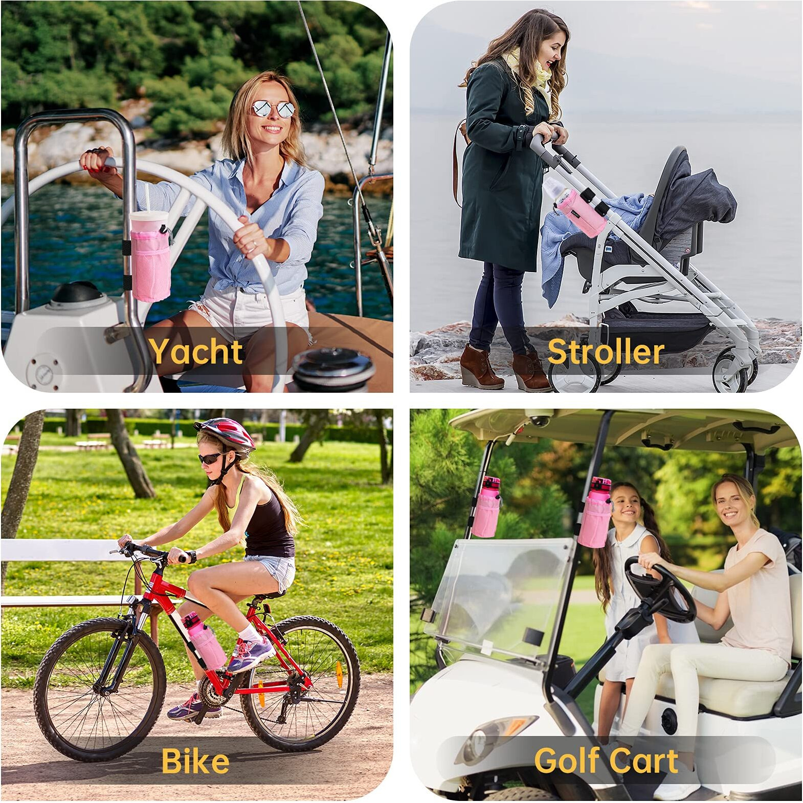 Gearv 2Pack Cup Holder For Bike  Scooter And Wheelchair  Water Bottle Holder For Utv/Atv  Walker  Golf Cart And Beach  Universal Drink Holder Accessories With Net Pocket And Cord Lock (Pink)