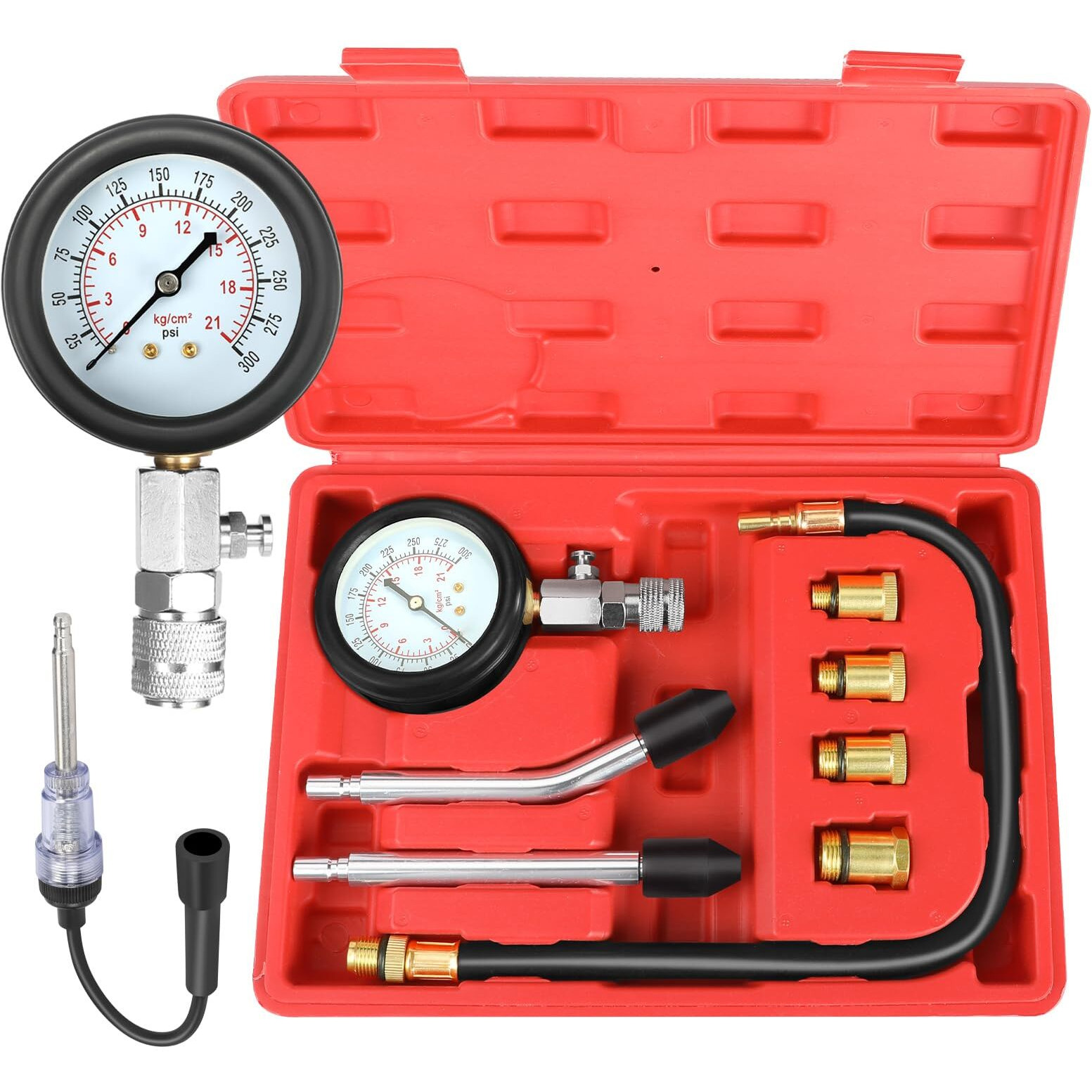 Betooll 9Pcs Compression Tester With Spark Plug Tester - 300Psi Car And Motorcycle Engine Cylinder Compression Gauge Automotive Tool