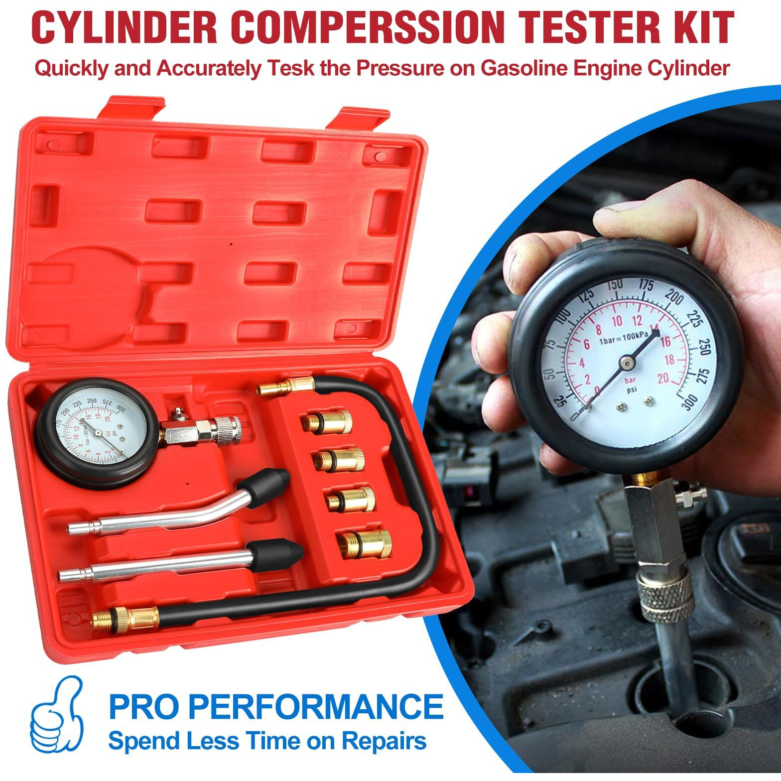Betooll 9Pcs Compression Tester With Spark Plug Tester - 300Psi Car And Motorcycle Engine Cylinder Compression Gauge Automotive Tool