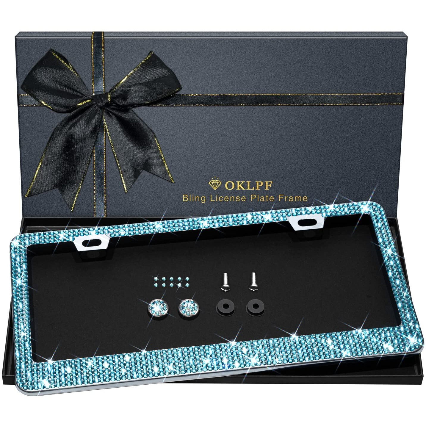 Bling License Plate Frame For Women  1Pcs Sparkly License Plate Frames| Over 1200 Pcs 14 Facets Bedazzled Clear Glass Diamond Rhinestone Crystals W/Free Glitter Diamond Box (Blue)