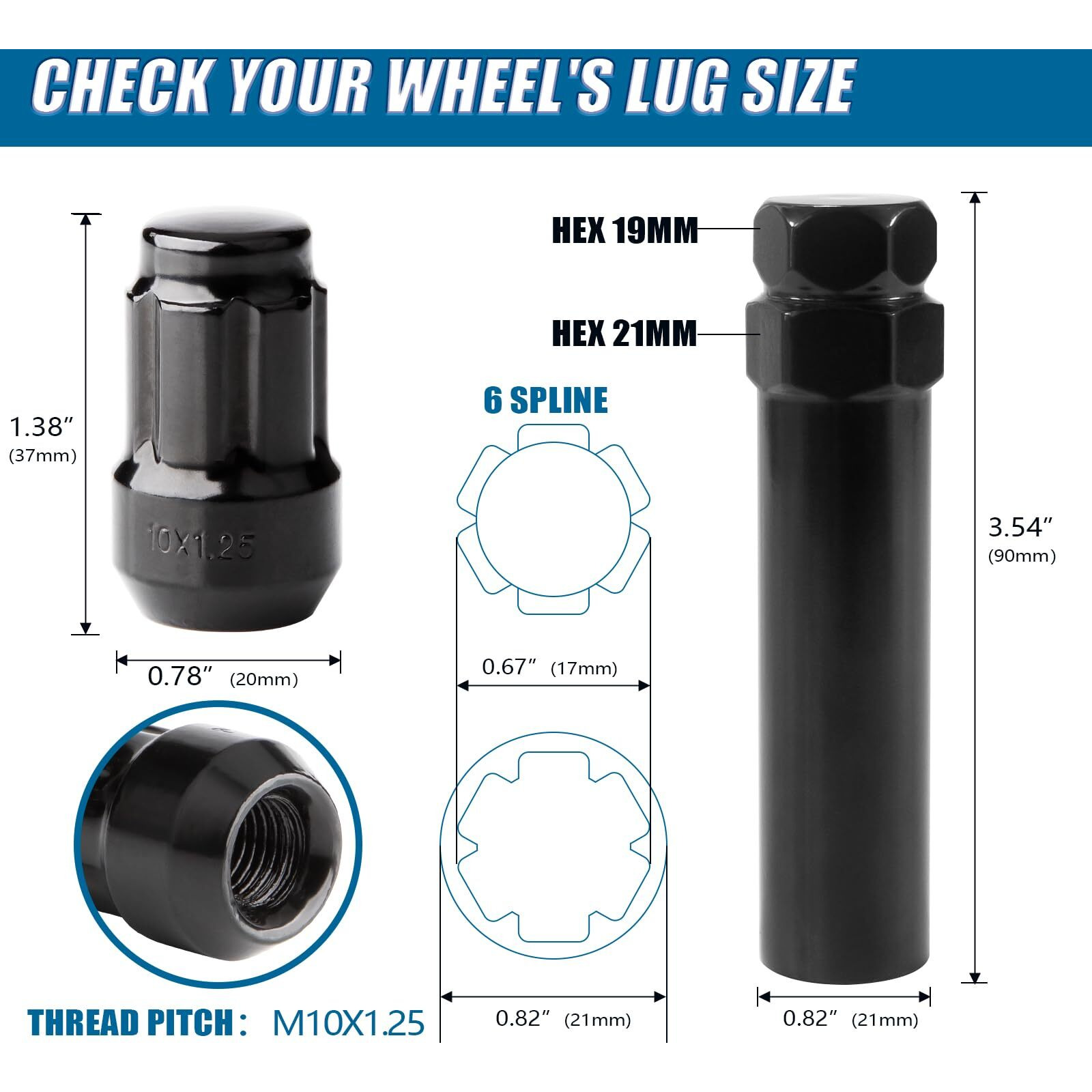 Jiiinmiiin 16Pcs M10X1.25 Atv Lug Nuts  Closed End 6 Spline 10X1.25 Lugnuts  60 Degree Cone/Acorn Seat With 1 Socket Key  Black