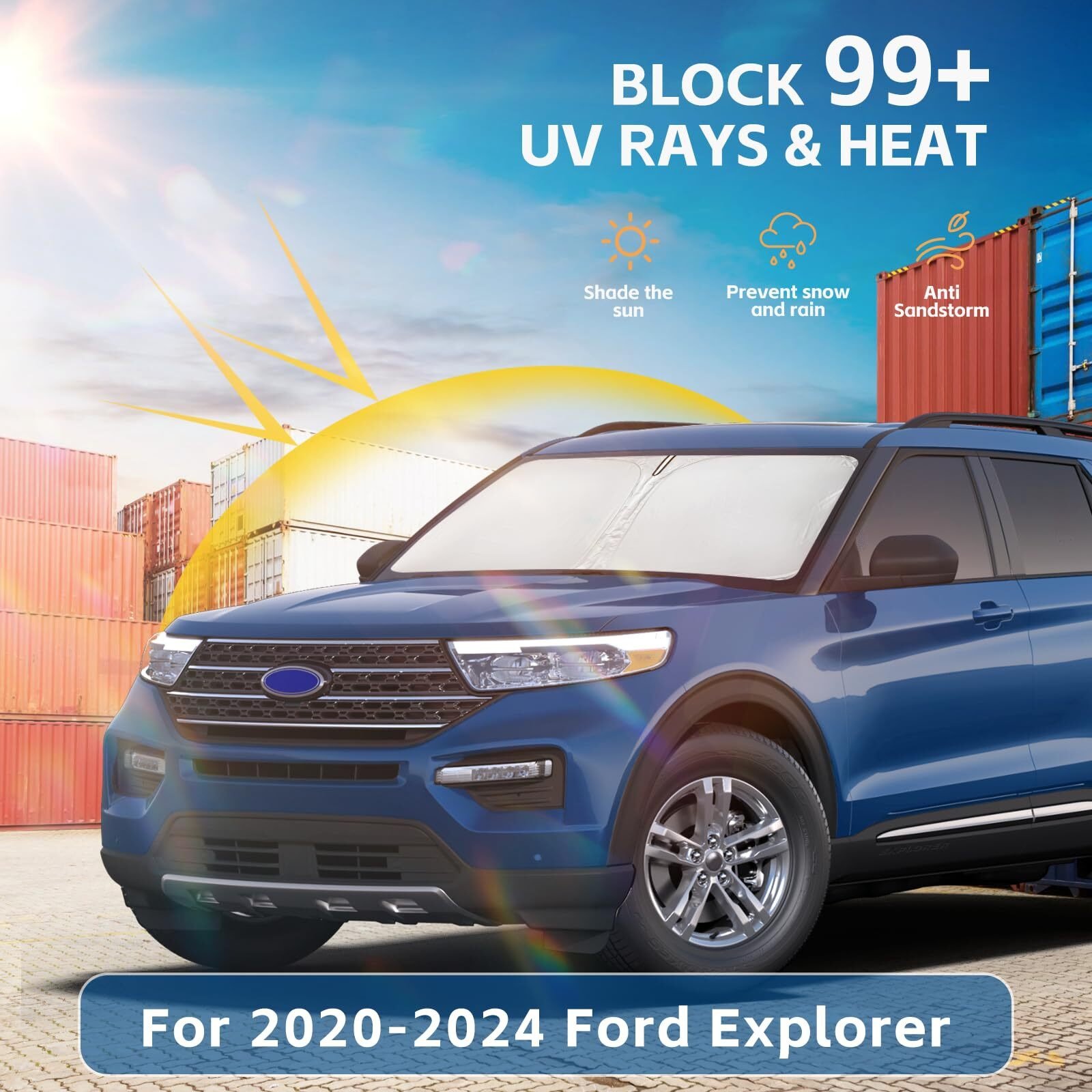 Windshield Sun Shade For Ford Explorer 2020-2025 Double Layer 240T Front Window Shade Custom Fit Explorer Suv St Xlt  Limited  Platinum Sun Visor Foldable Shade Blocks Uv Rays