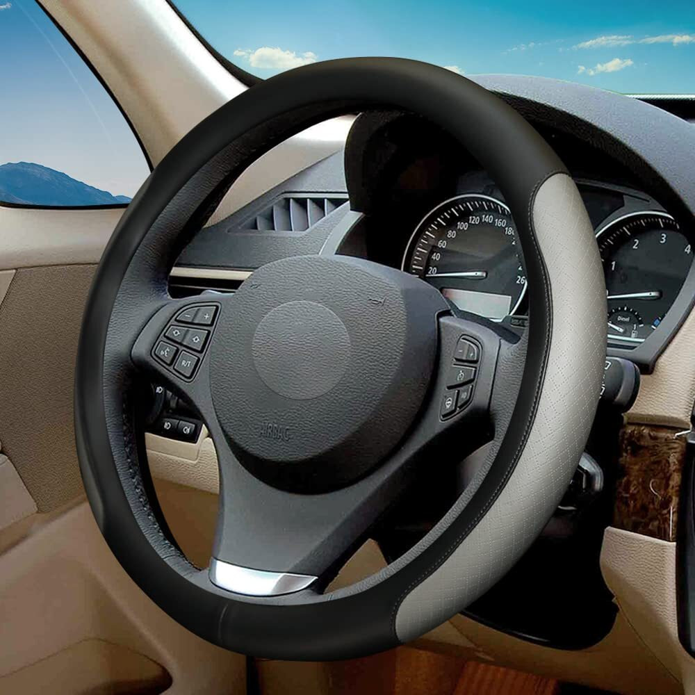 Steering Wheel Cover  Microfiber Leather Splicing With Classic Embossing Contrasting Colors Anti-Slip Breathable Auto Car Steering Wheel Cover Fit 15 Inch Car Wheel Protector (Black&Gray)