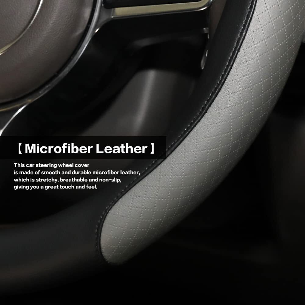 Steering Wheel Cover  Microfiber Leather Splicing With Classic Embossing Contrasting Colors Anti-Slip Breathable Auto Car Steering Wheel Cover Fit 15 Inch Car Wheel Protector (Black&Gray)