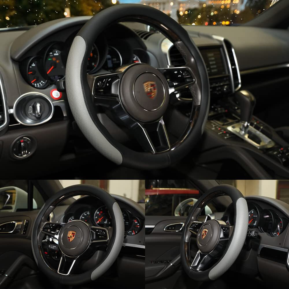 Steering Wheel Cover  Microfiber Leather Splicing With Classic Embossing Contrasting Colors Anti-Slip Breathable Auto Car Steering Wheel Cover Fit 15 Inch Car Wheel Protector (Black&Gray)