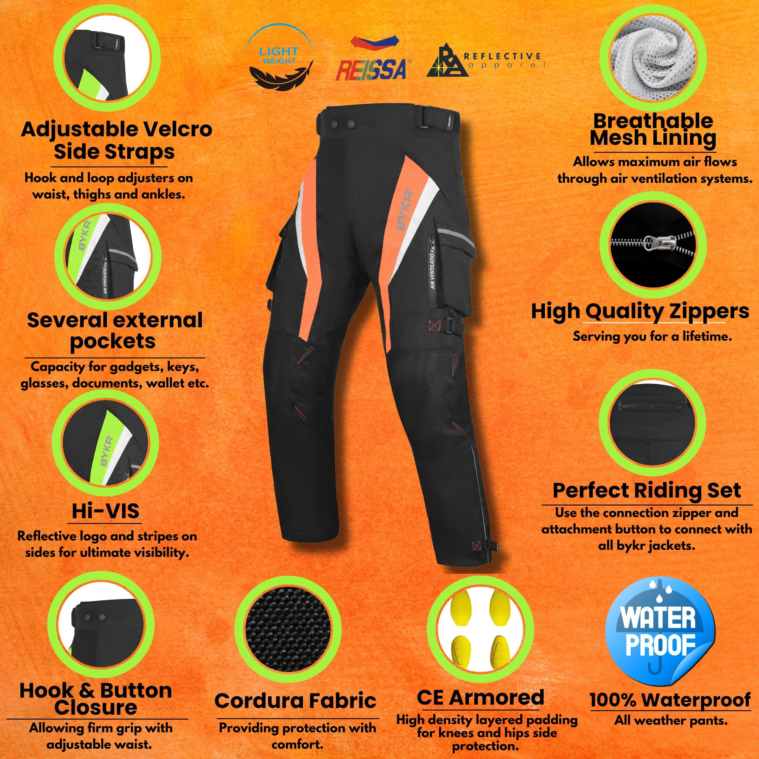 Bykr Motorcycle Pants For Men & Women Armored Cordura Overpants Enduro Atv Dual Sports Motocross Cargo Touring Adventure Pant (42Wx34L  Orange)