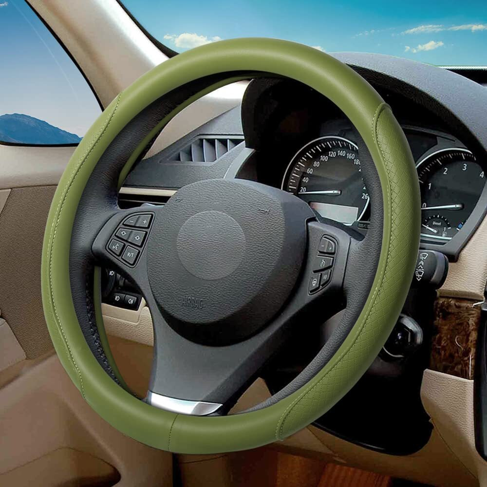 Vargtr Steering Wheel Cover - Microfiber Leather With Classic Embossing  Anti-Slip Breathable Fit 15 Inch Wheel Protector (Green)
