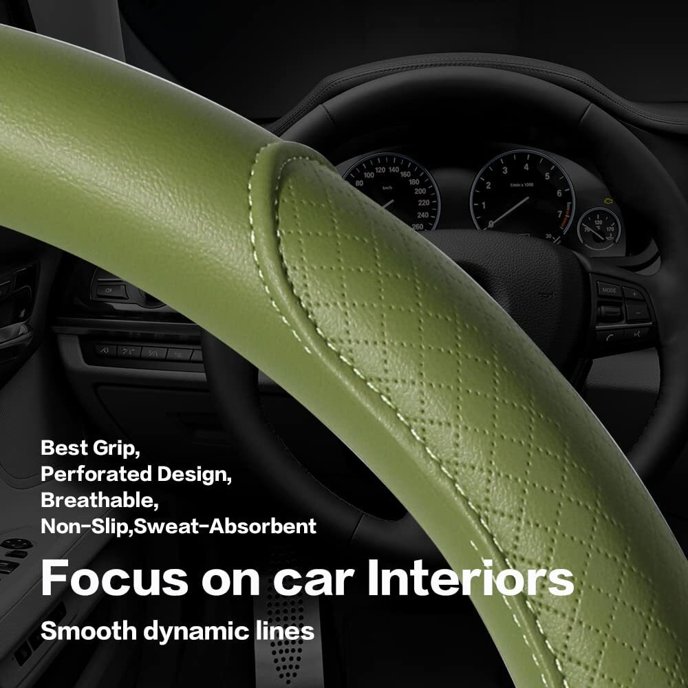 Vargtr Steering Wheel Cover - Microfiber Leather With Classic Embossing  Anti-Slip Breathable Fit 15 Inch Wheel Protector (Green)
