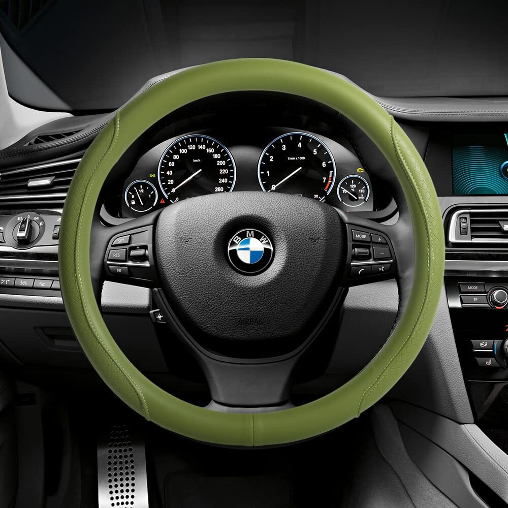 Vargtr Steering Wheel Cover - Microfiber Leather With Classic Embossing  Anti-Slip Breathable Fit 15 Inch Wheel Protector (Green)