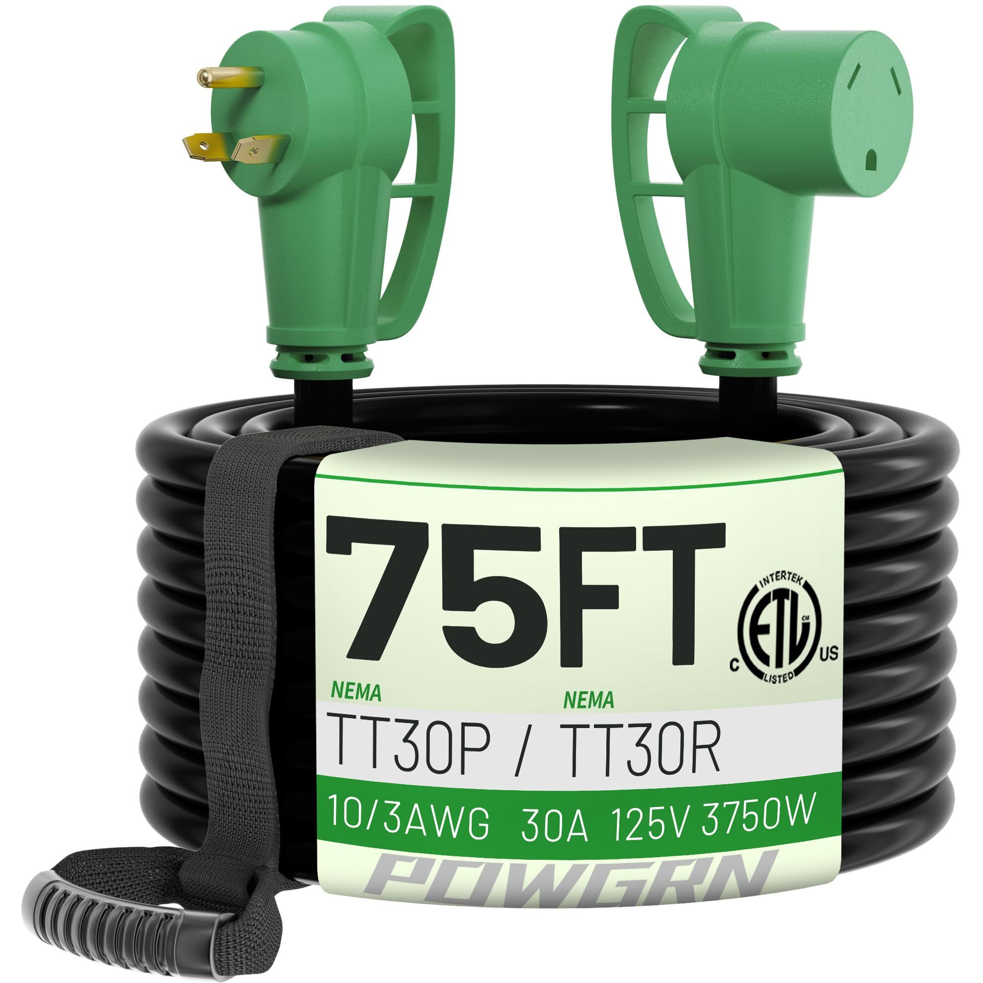 Powgrn 30 Amp Rv Extension Cord 75 Ft Outdoor With Grip Handle  Flexible Heavy Duty 10/3 Gauge Stw 3 Prong Rv Power Cord Waterproof  Nema Tt-30P To Tt-30R  Black-Green  Etl Listed