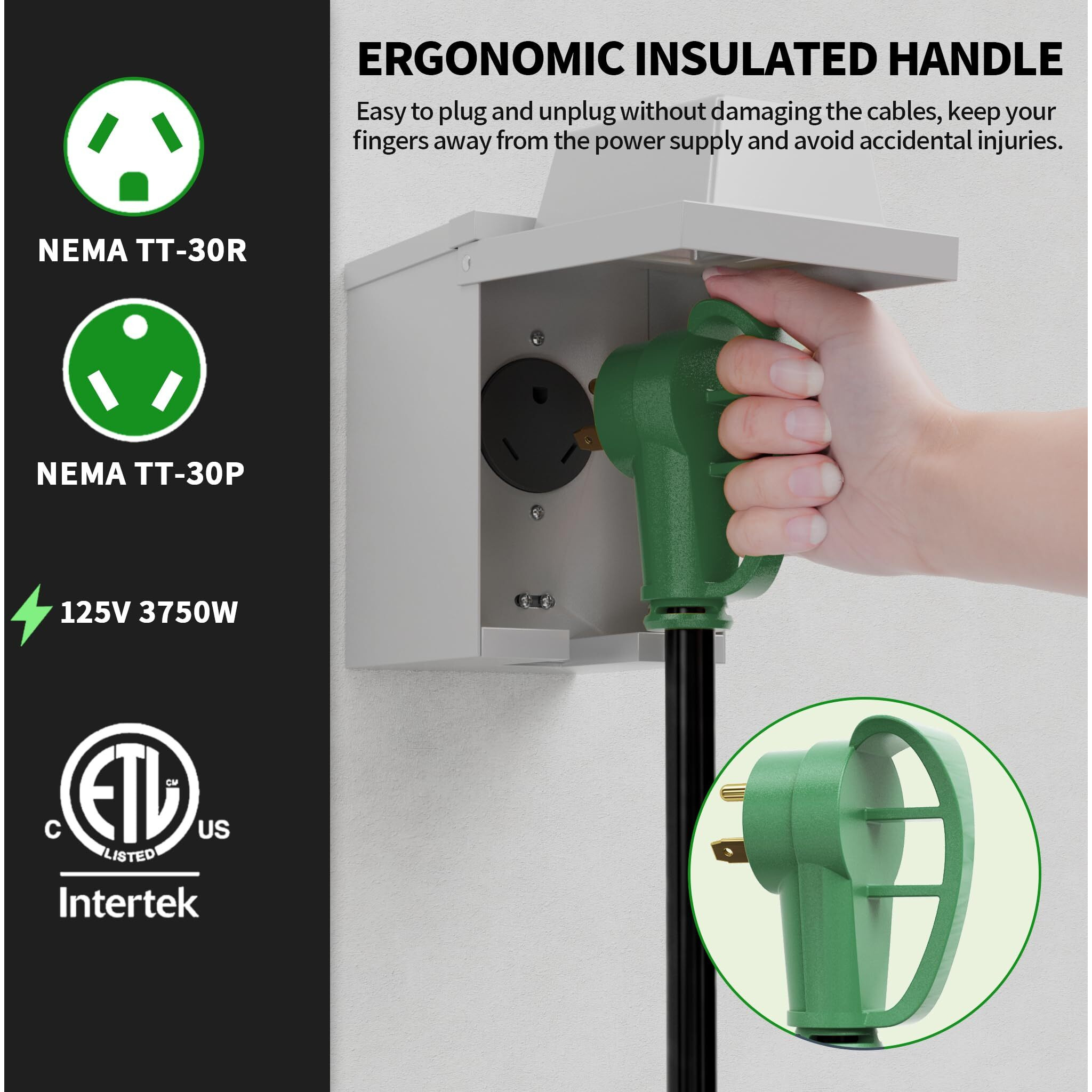 Powgrn 30 Amp Rv Extension Cord 75 Ft Outdoor With Grip Handle  Flexible Heavy Duty 10/3 Gauge Stw 3 Prong Rv Power Cord Waterproof  Nema Tt-30P To Tt-30R  Black-Green  Etl Listed