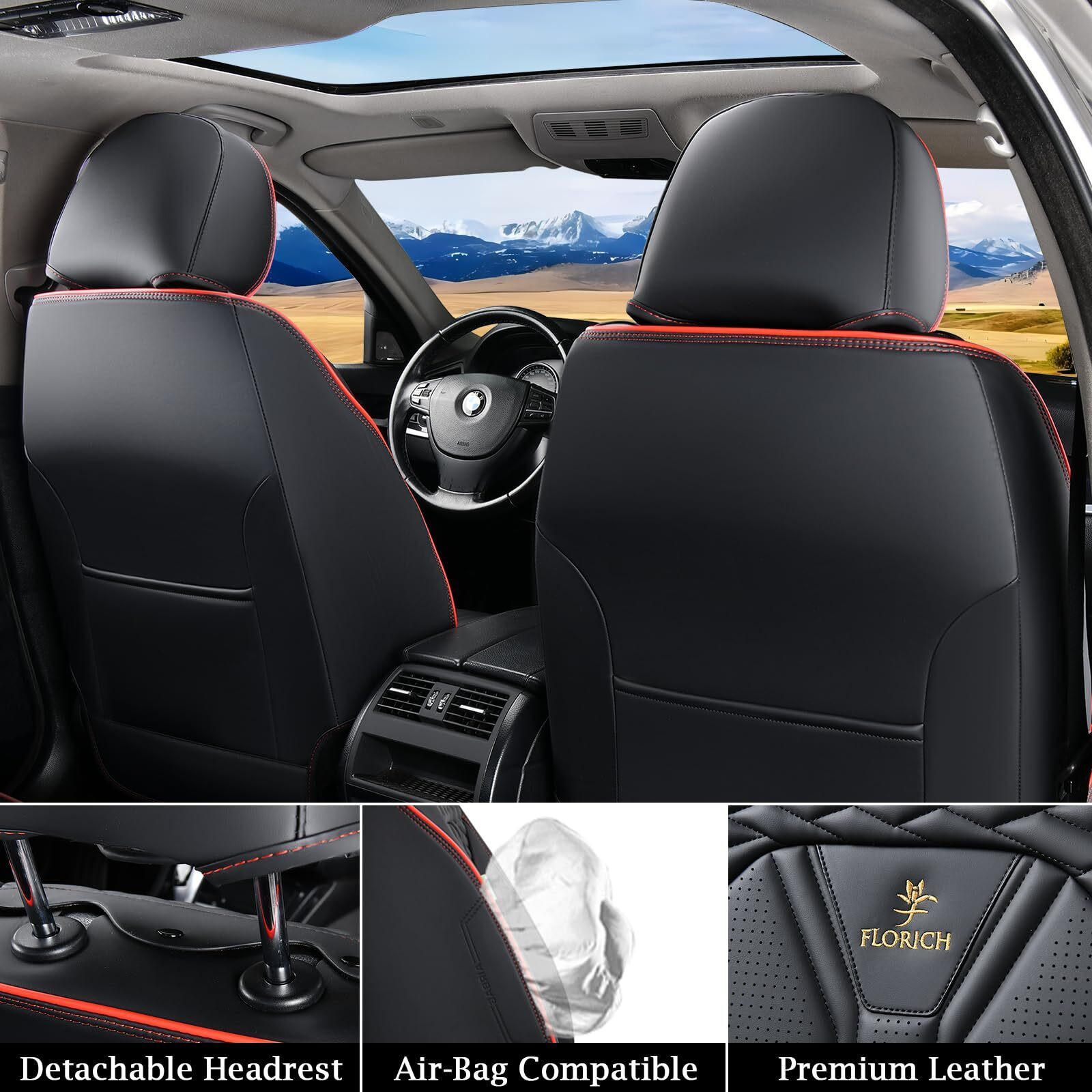 Florich Seat Covers For Cars  Waterproof Seat Covers  Leather Car Seat Covers 2 Pack  Universal Seat Cushion Protector For Most Cars Trucks Suv-Black&Red Line