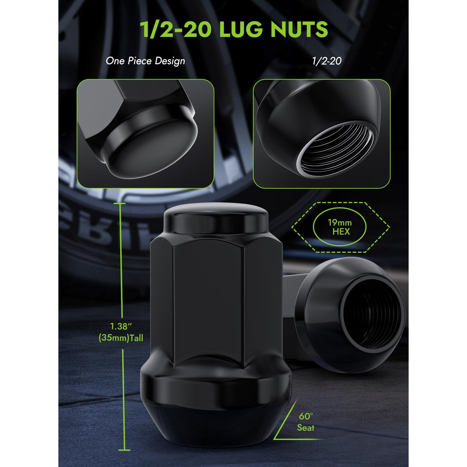 Autoptim 1/2-20 Lug Nuts - Replacement For 1987-2018 Jeep Wrangler Jk  2002-2012 Liberty  1993-2010 Grand Cherokee  Black 19Mm Hex 1.38"" Tall  1/2""-20 Closed End Aftermarket Wheel Lug Nuts (20Pcs)