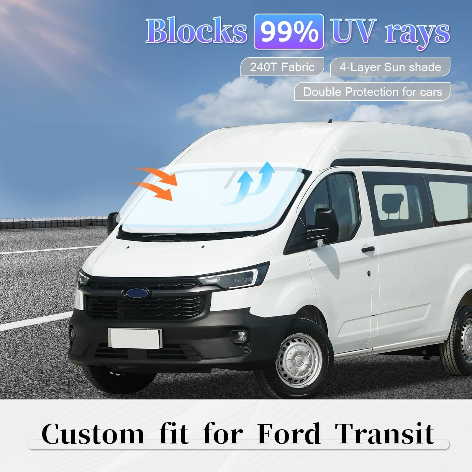 Sun Shade Sunshade For Ford Transit Windshield Cover  4-Layer Front Window Shade Custom For Transit 2015-2025 Xl Wagon Xlt Cargo Vehicle Connect Van Xl Sun Visor 240T Shade Blocks Uv Rays