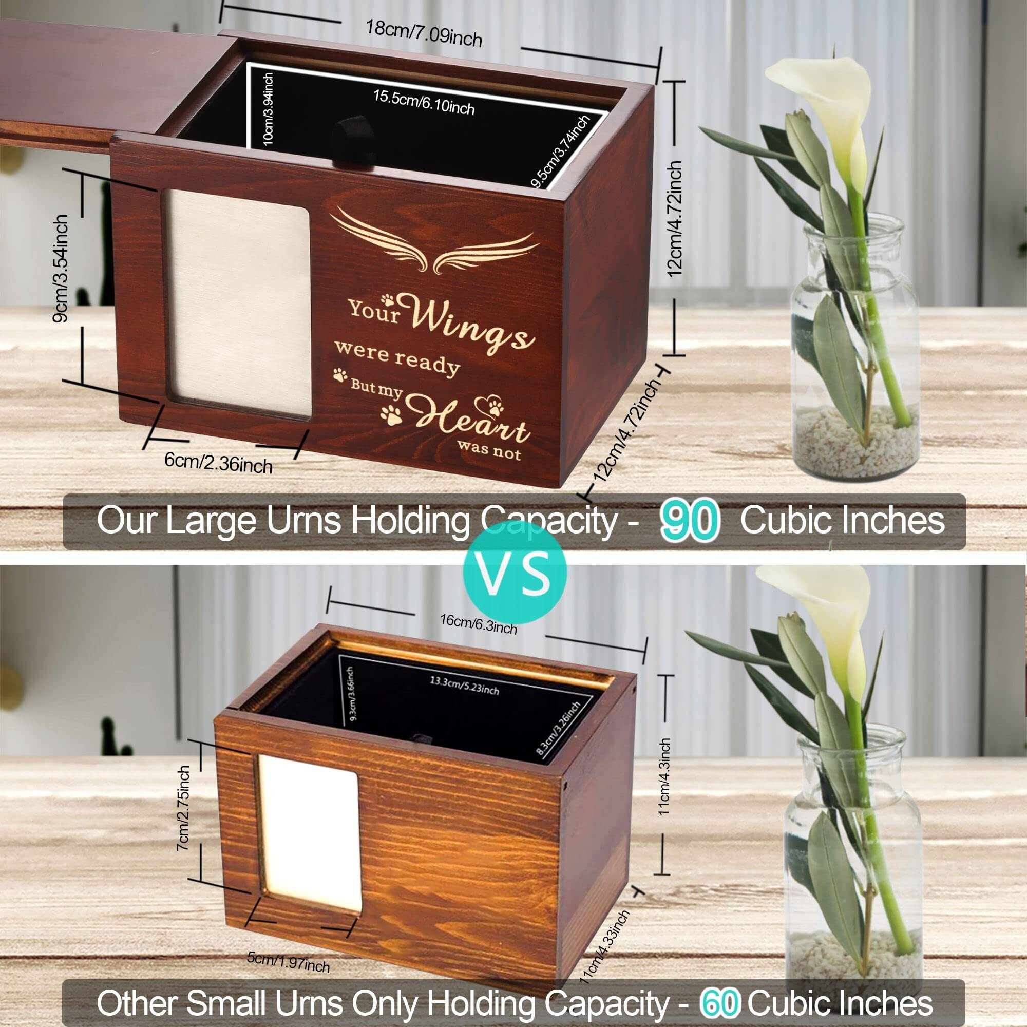 Pet Memorial Urns For Dog Or Cat Ashes  Large Wooden Funeral Cremation Urns With Photo Frame  Keepsake Memory Box With Black Flannel Lining