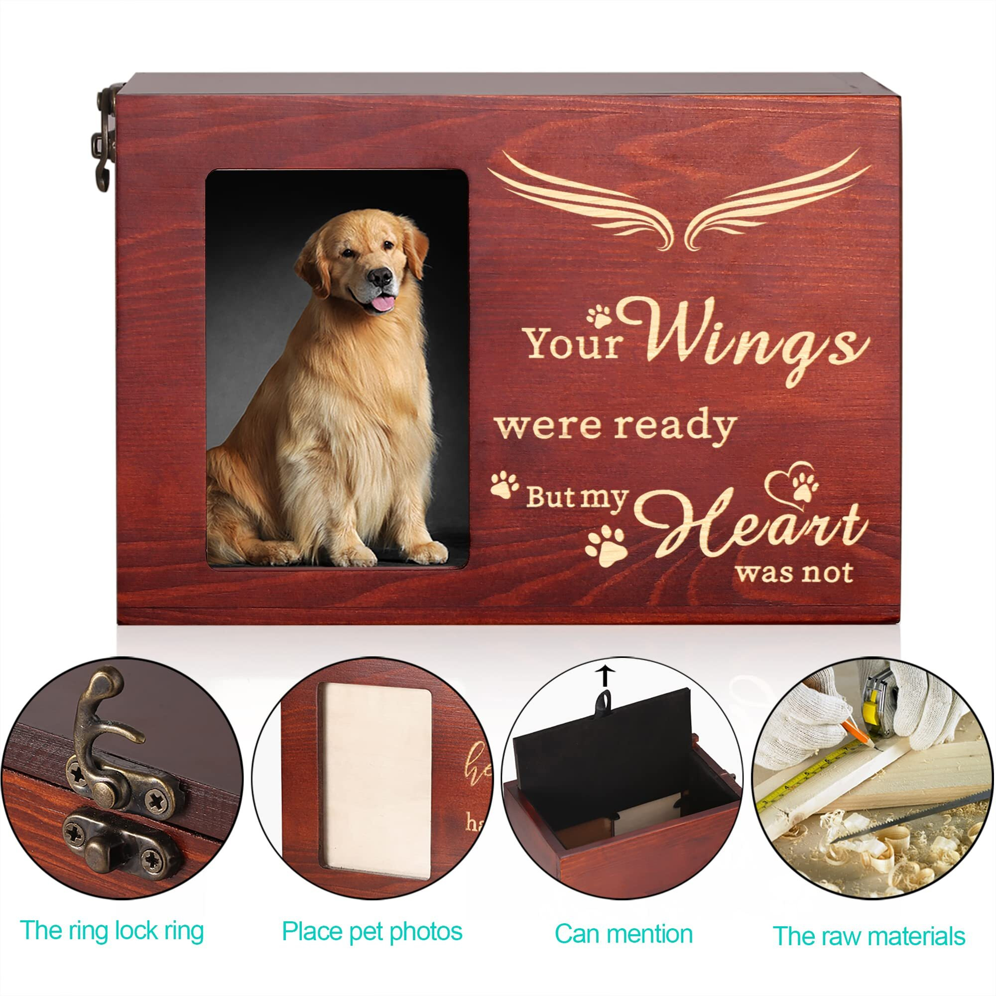 Pet Memorial Urns For Dog Or Cat Ashes  Large Wooden Funeral Cremation Urns With Photo Frame  Keepsake Memory Box With Black Flannel Lining