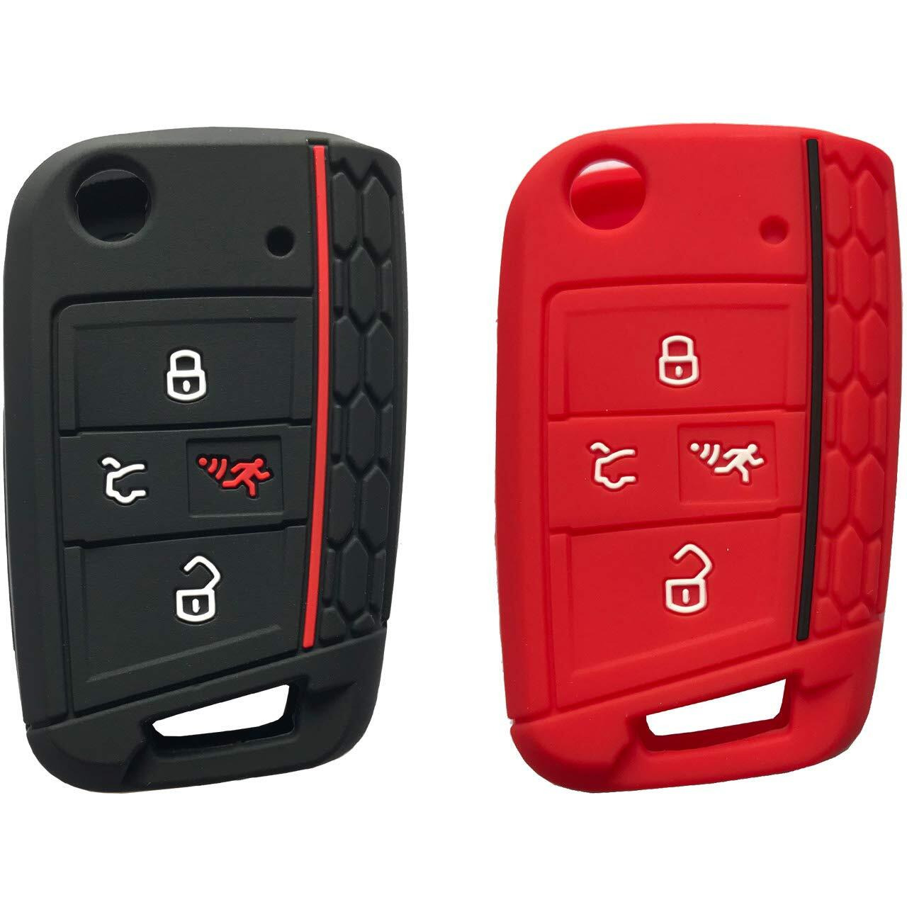 Horande 4 Button Silicone Key Cover Case Remote Fob Protector Fit For Vw 2016-2017 Golf Polo Gti 2018 2019 Tiguan Keyless Entry Remote Key Fob Skin (Black+Red)