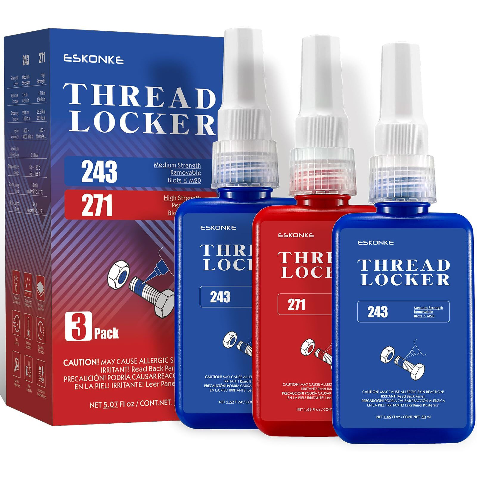 Eskonke 3 Pack Thread Locker Blue 243 + Red 271 Removable & Permanent Locking 5.07 Fl Oz Nuts Bolts Threadlocker Seal & Lock Tight Fasteners Anaerobic Curing Metal Glue (243 2 + 271)