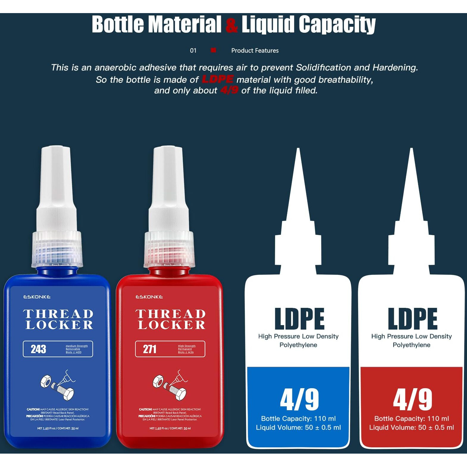 Eskonke 3 Pack Thread Locker Blue 243 + Red 271 Removable & Permanent Locking 5.07 Fl Oz Nuts Bolts Threadlocker Seal & Lock Tight Fasteners Anaerobic Curing Metal Glue (243 2 + 271)