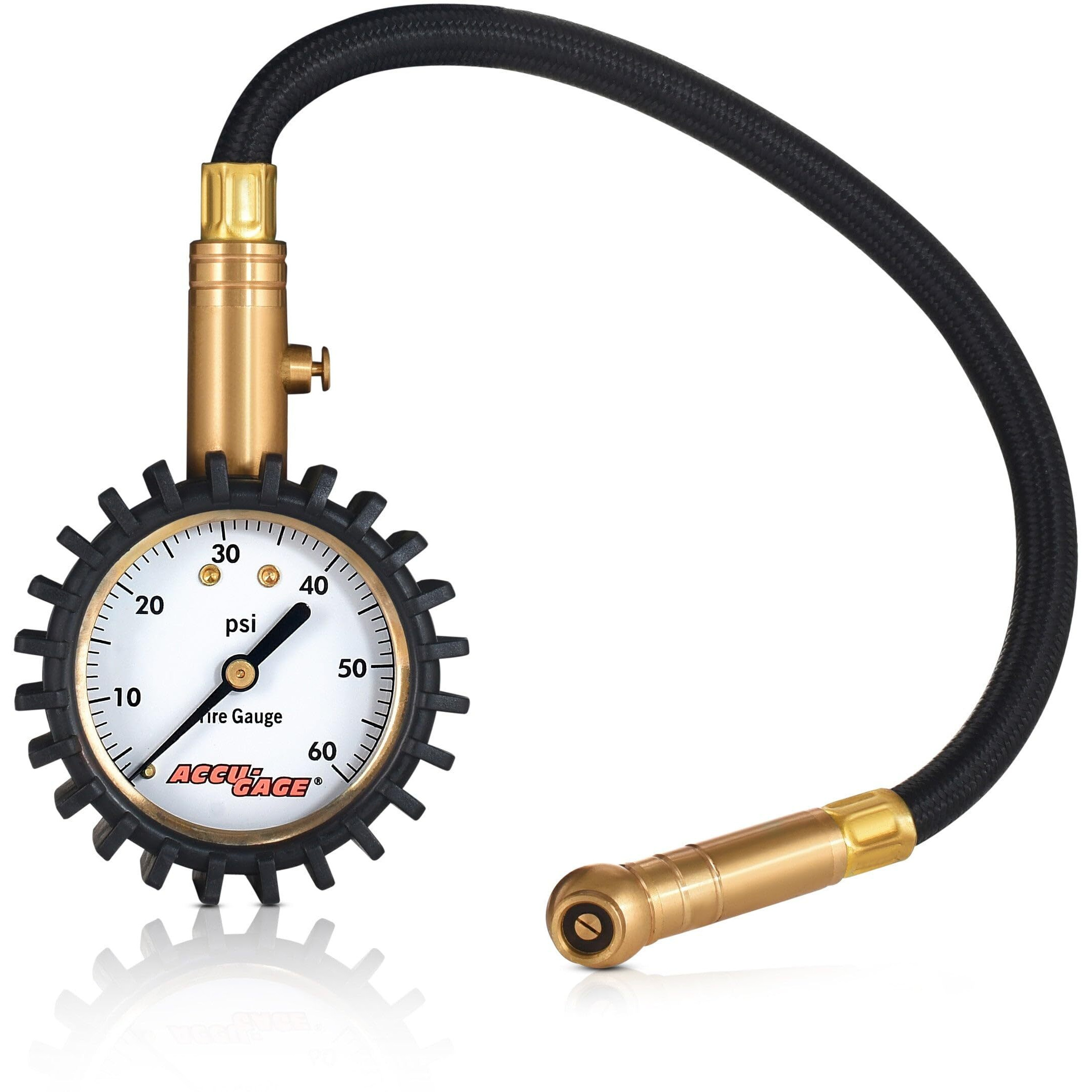 Accu-Gage Rh60Xa Tire Pressure Gauge With Hose And Protective Rubber Guard  Angled Swivel Chuck  60 Psi