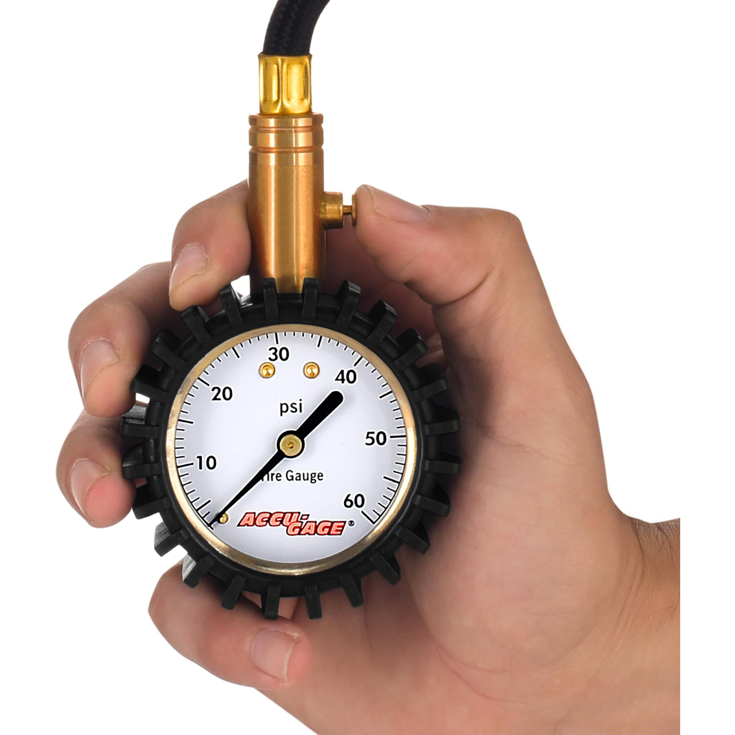 Accu-Gage Rh60Xa Tire Pressure Gauge With Hose And Protective Rubber Guard  Angled Swivel Chuck  60 Psi