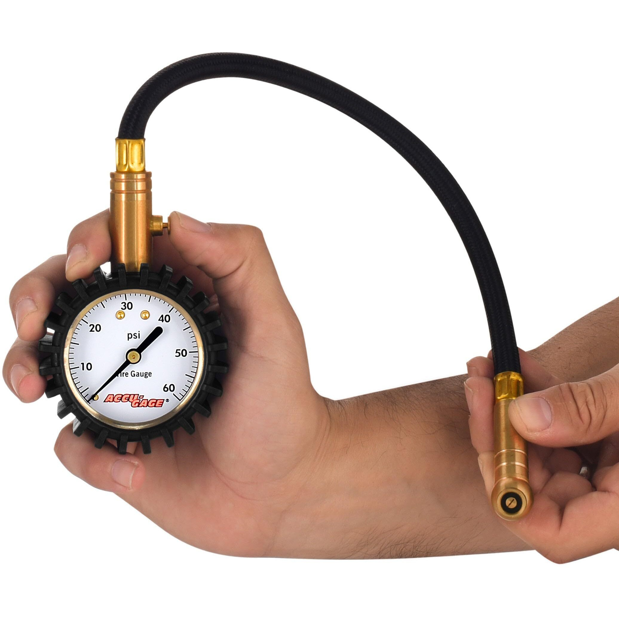 Accu-Gage Rh60Xa Tire Pressure Gauge With Hose And Protective Rubber Guard  Angled Swivel Chuck  60 Psi