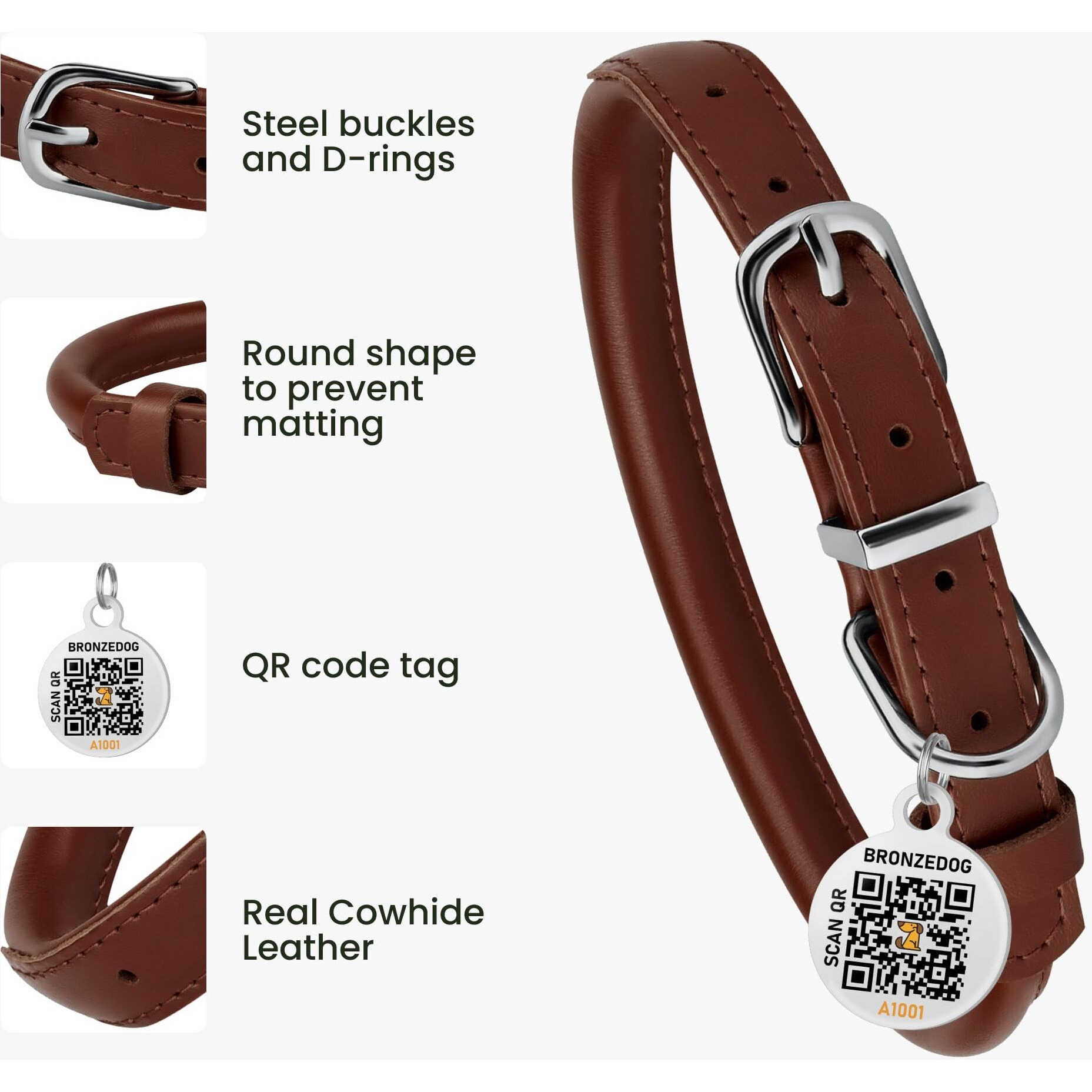 Bronzedog Rolled Leather Dog Collar For Small Medium Large Dogs With Qr Id Tag (Xs 9-11 Inch  Chocolate Brown)