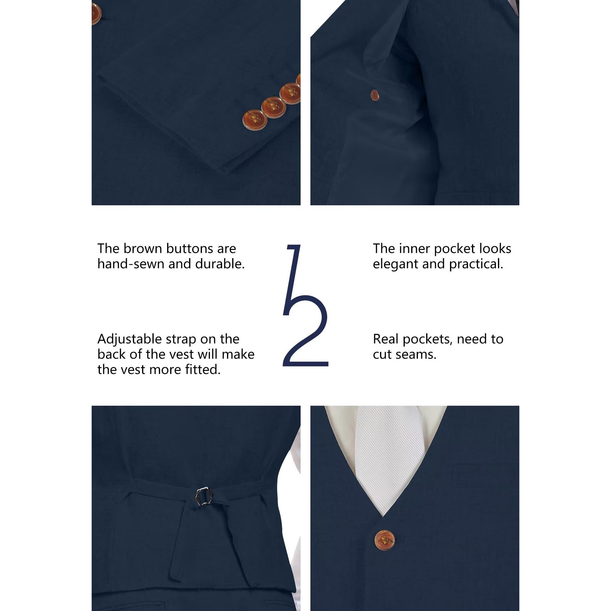 Men Suits Linen Navy Blue Blazer Vest Pants Set Summer Homecoming Tuxedos For Men 3 Pcs Groomsmen Dress Suit Nv-L