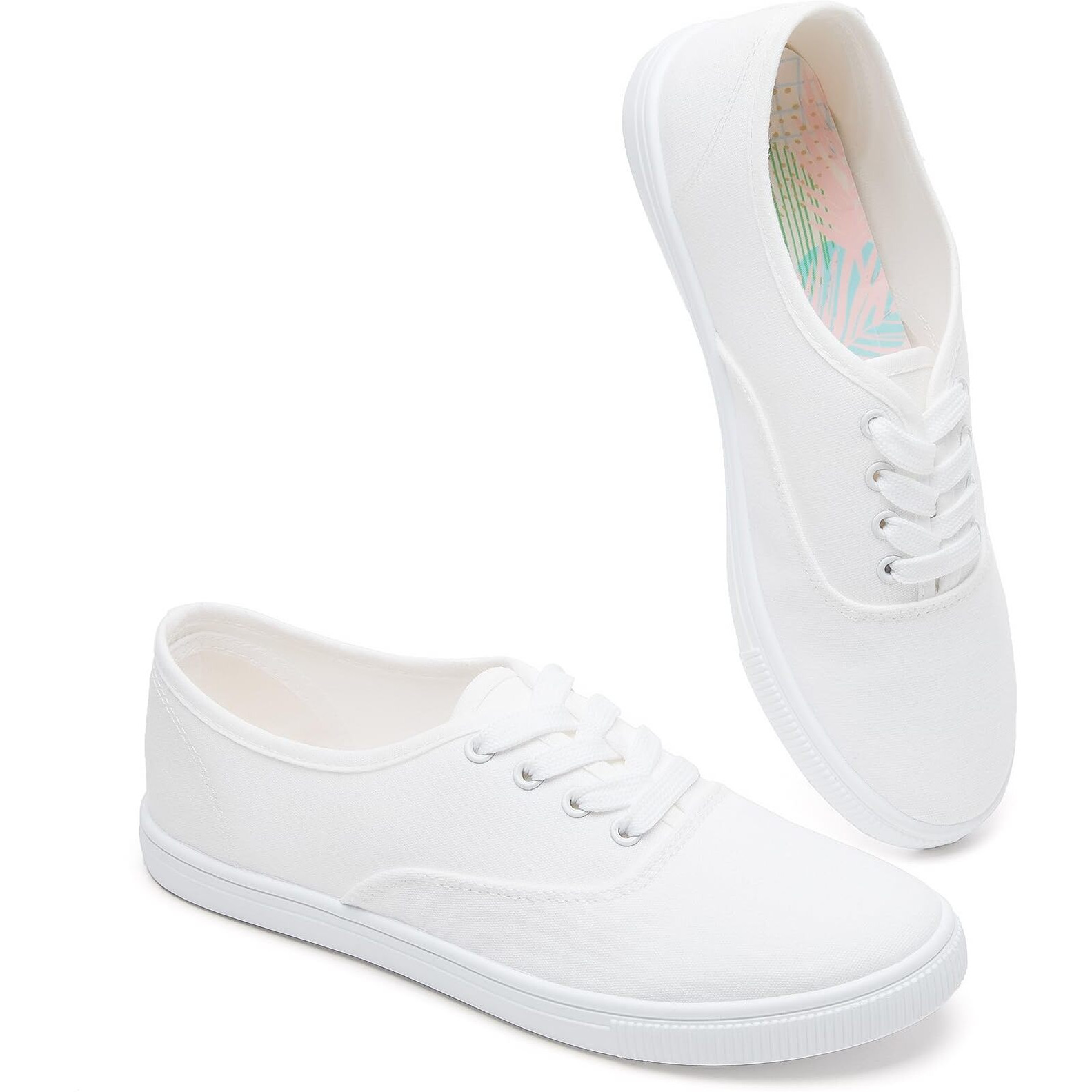 Womens Classic White Sneakers Low Top White Canvas Shoes Lightweight Casual Canvas Sneakers(White Flower.Us8)