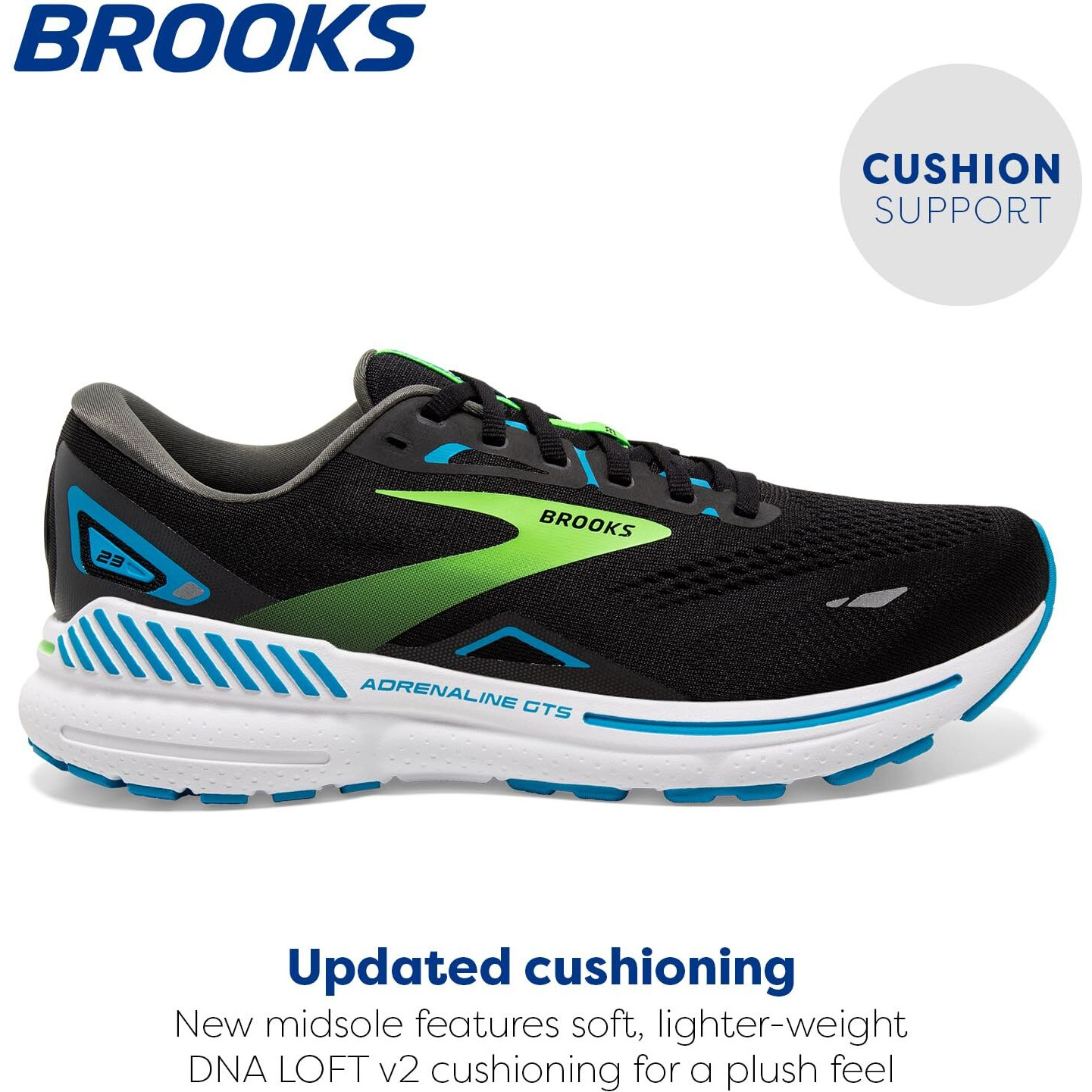 Brooks Mens Adrenaline Gts 23 Supportive Running Shoe - Black/Hawaiian Ocean/Green - 10 Narrow