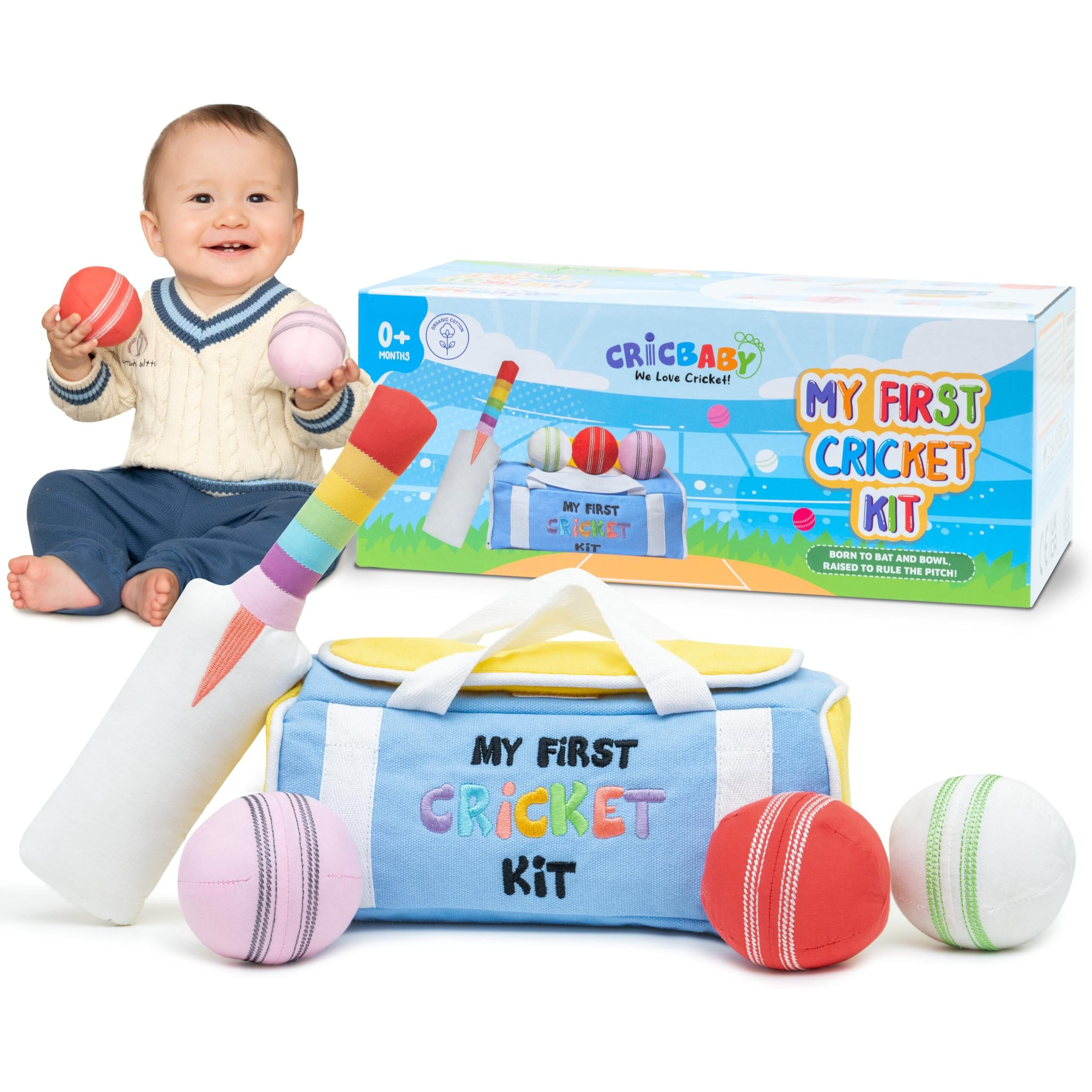 Cricbaby My First Cricket Kit | Cotton Soft Plush Toy | Gift Baby And Infant 0-2 Years | 3 Soft Sensory Cricket Balls-Rattle  Crinkle  Squeaker & 1 Rainbow Rattle Cricket Bat | Safe  Fun  Educational